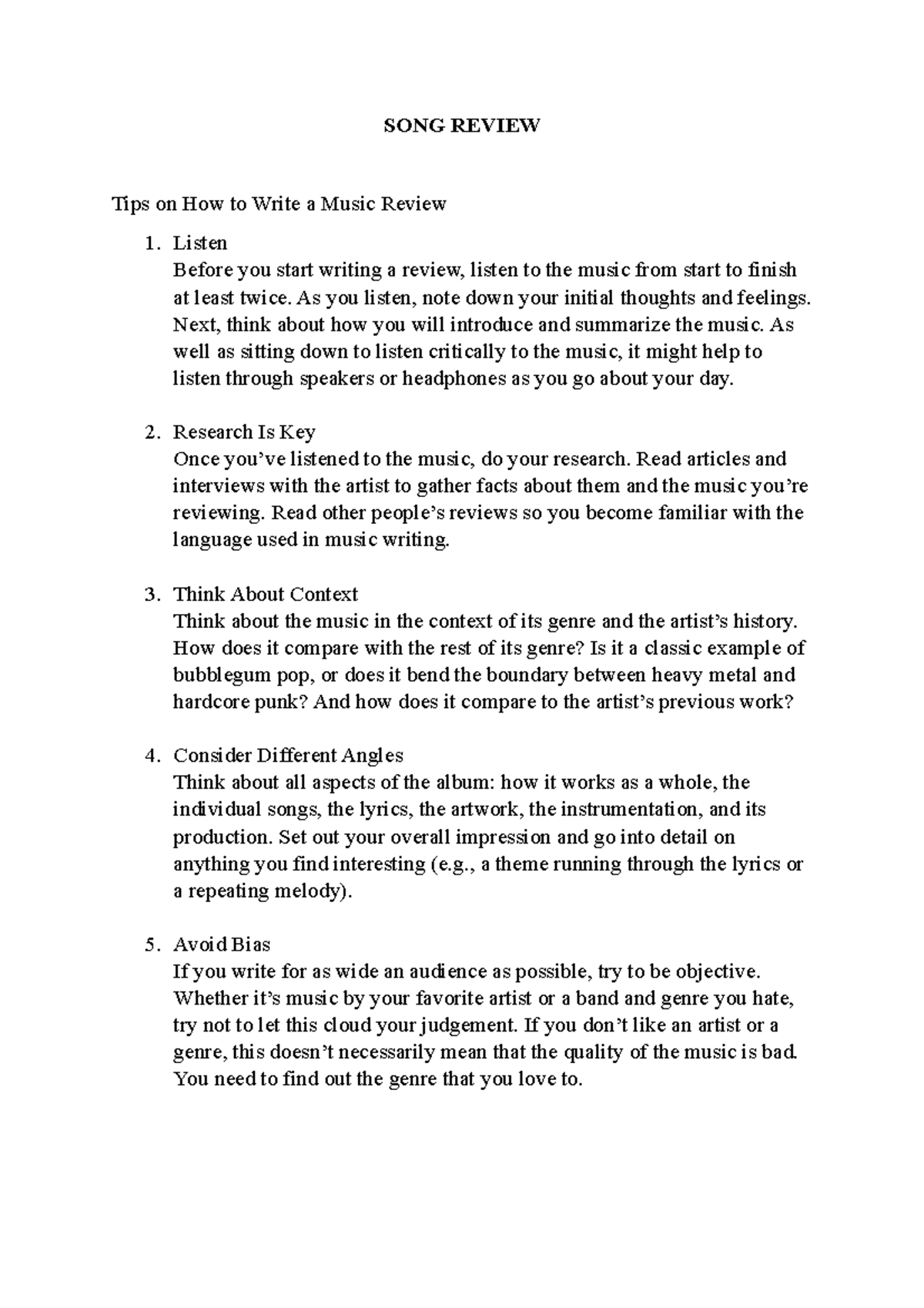 SONG Review Notes SONG REVIEW Tips On How To Write A Music Review 