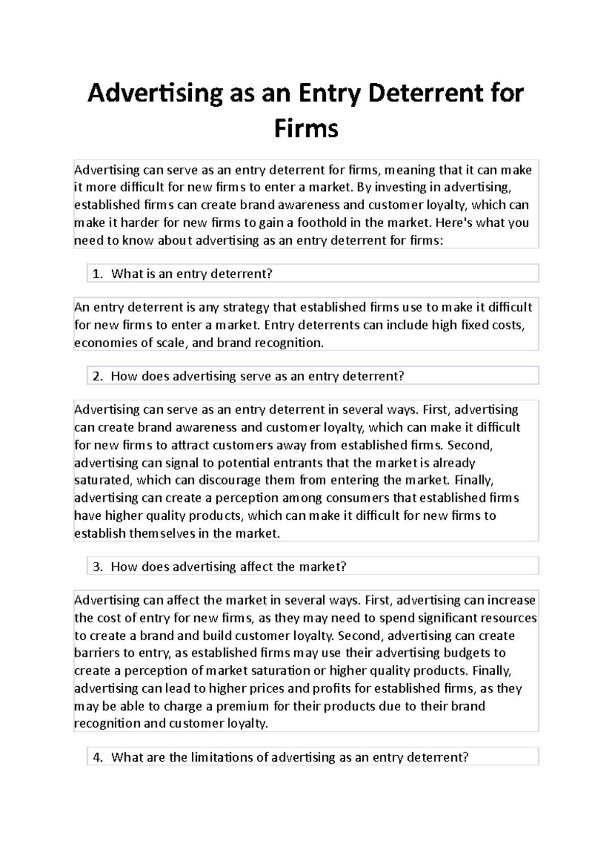 Advertising as an Entry Deterrent for Firms Advertising as an Entry