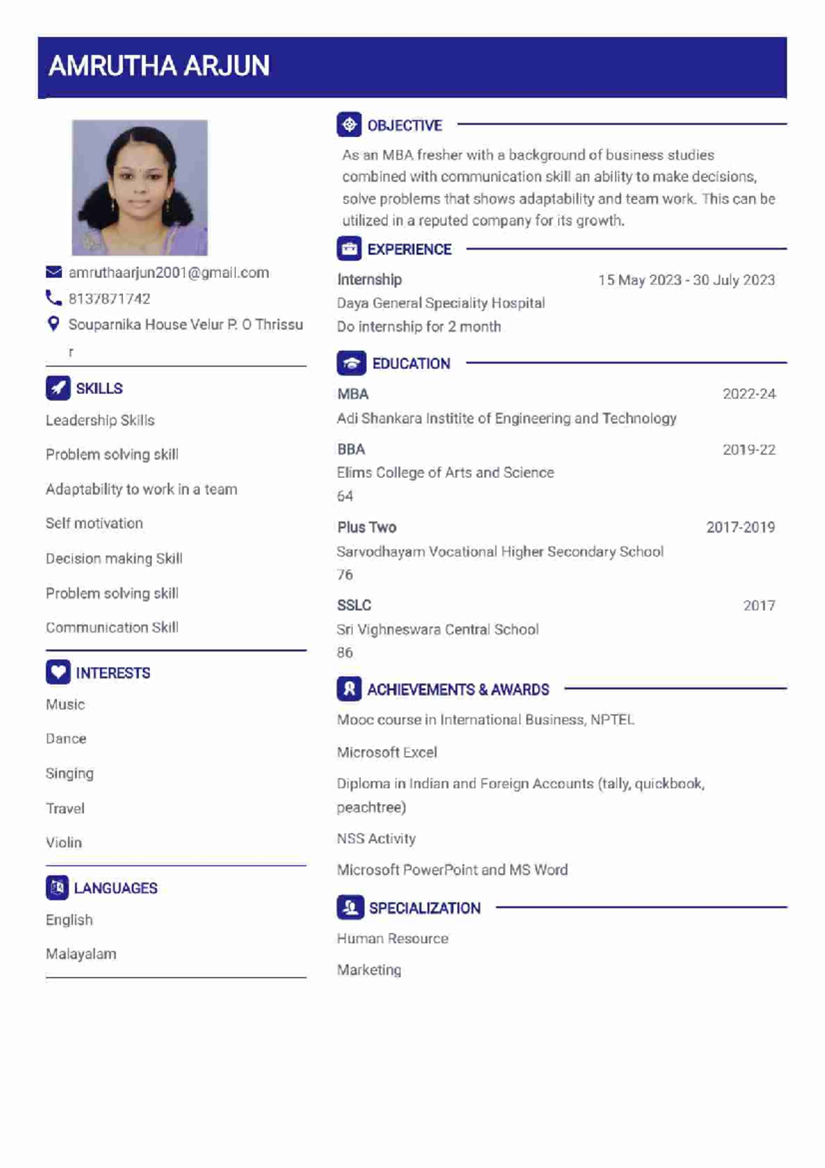 Amrutha new resume - currently dong mba at adi shankara , kalady ...