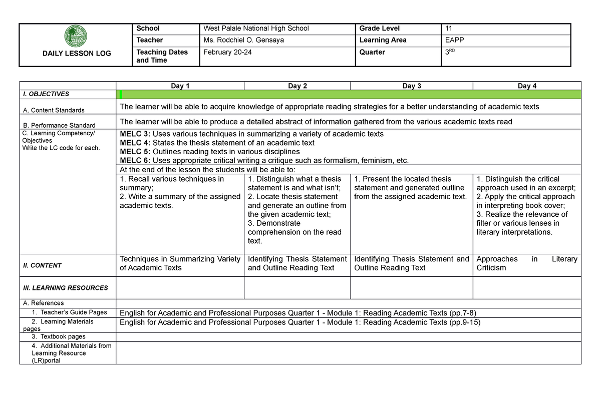 Q3 EAPP DLL WEEK 3 - DLL - DAILY LESSON LOG School West Palale National ...