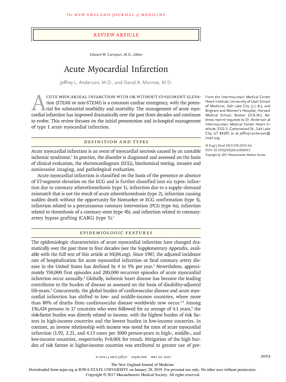 Acute Myocardial Infarction NEJM 2017 - T H E N E W E Ng L A N D J O U ...