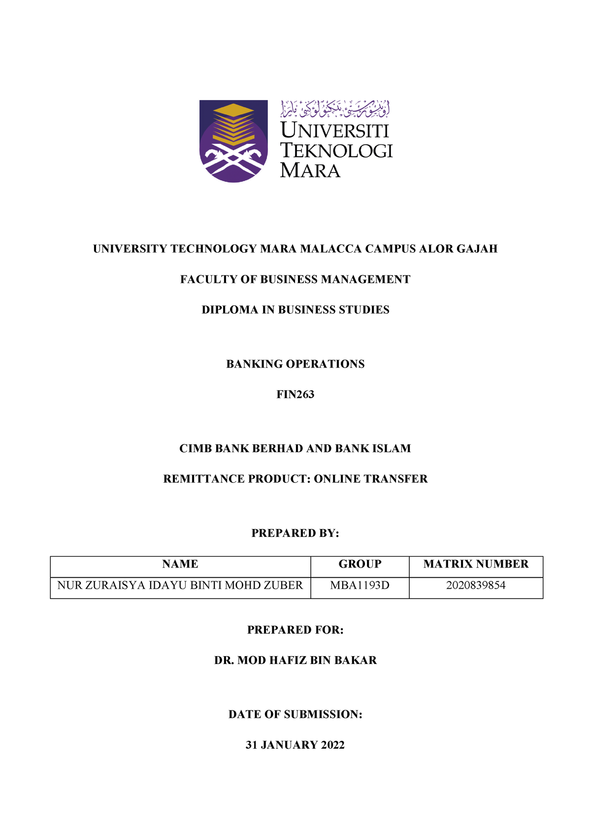 FIN263 - Individual Assignment ( Remittance ) - UNIVERSITY TECHNOLOGY ...