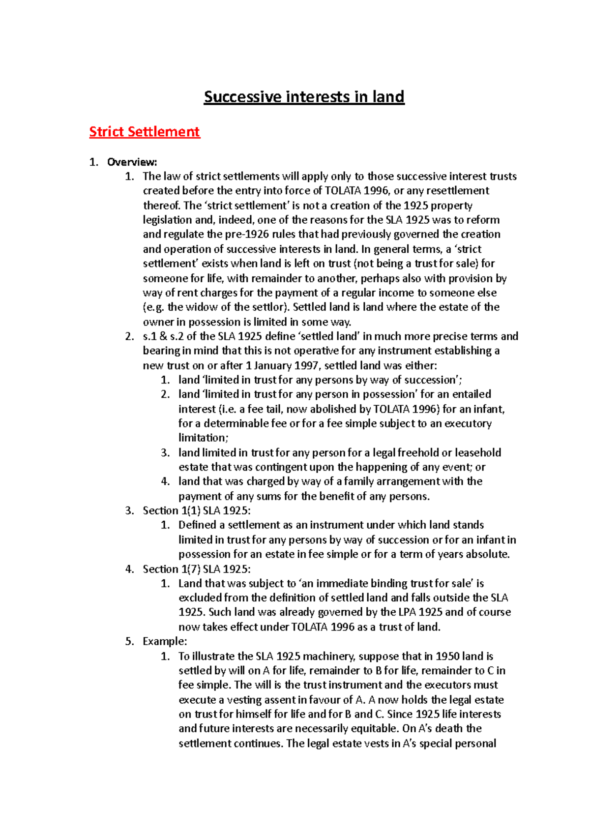 Outline of successive interests in land Strict Settlement & Trusts of