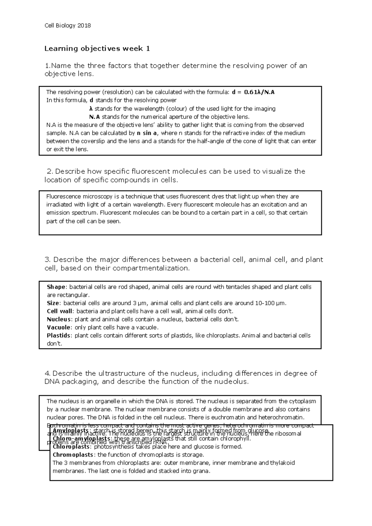 Learning objectives week 1 2019 Animal Sciences Cell Biology 2018