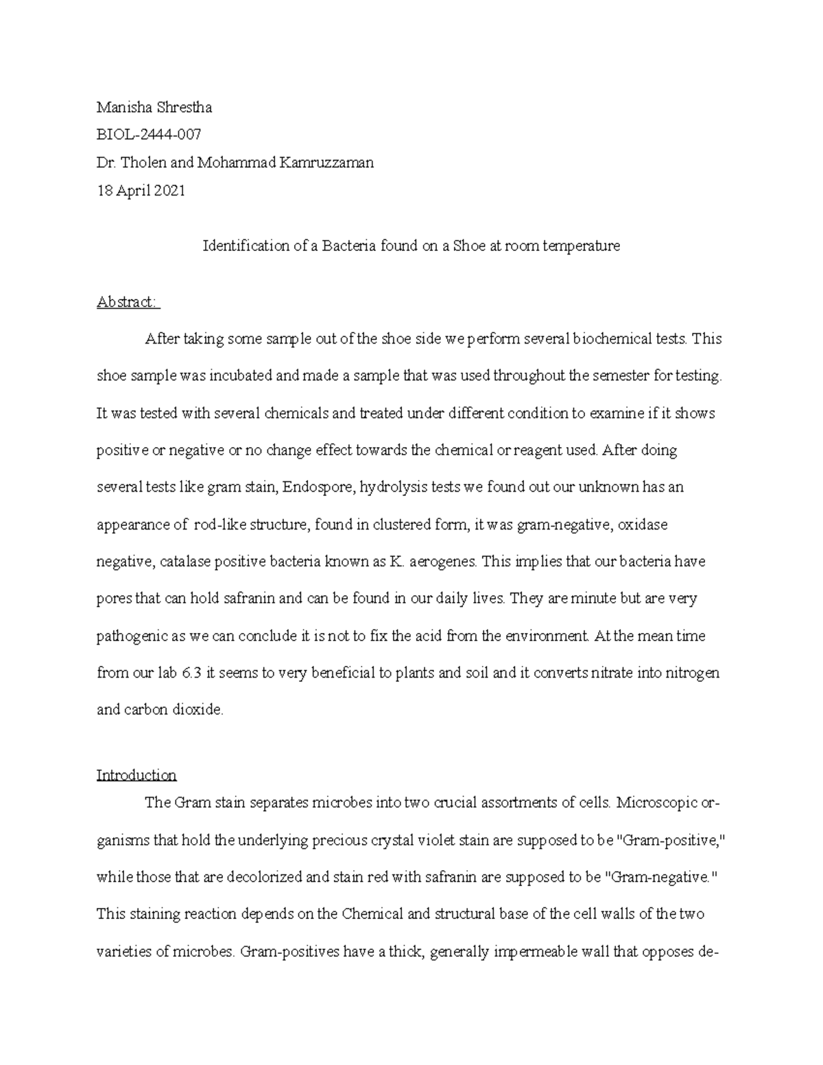 Microbiology Lab report - Manisha Shrestha BIOL-2444- Dr. Tholen and ...