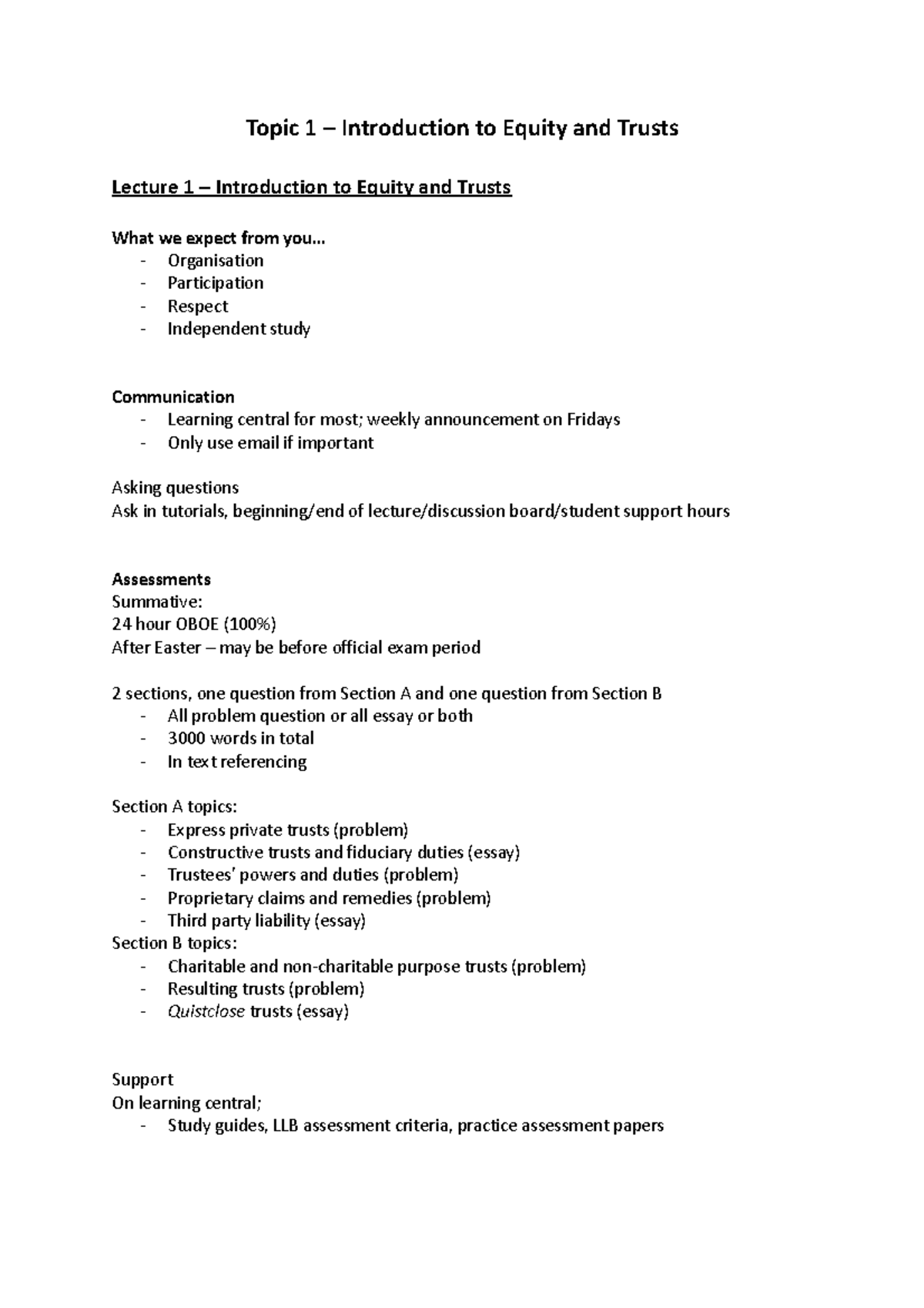 Introduction to Equity and Trusts - Lecture notes - Topic 1 ...