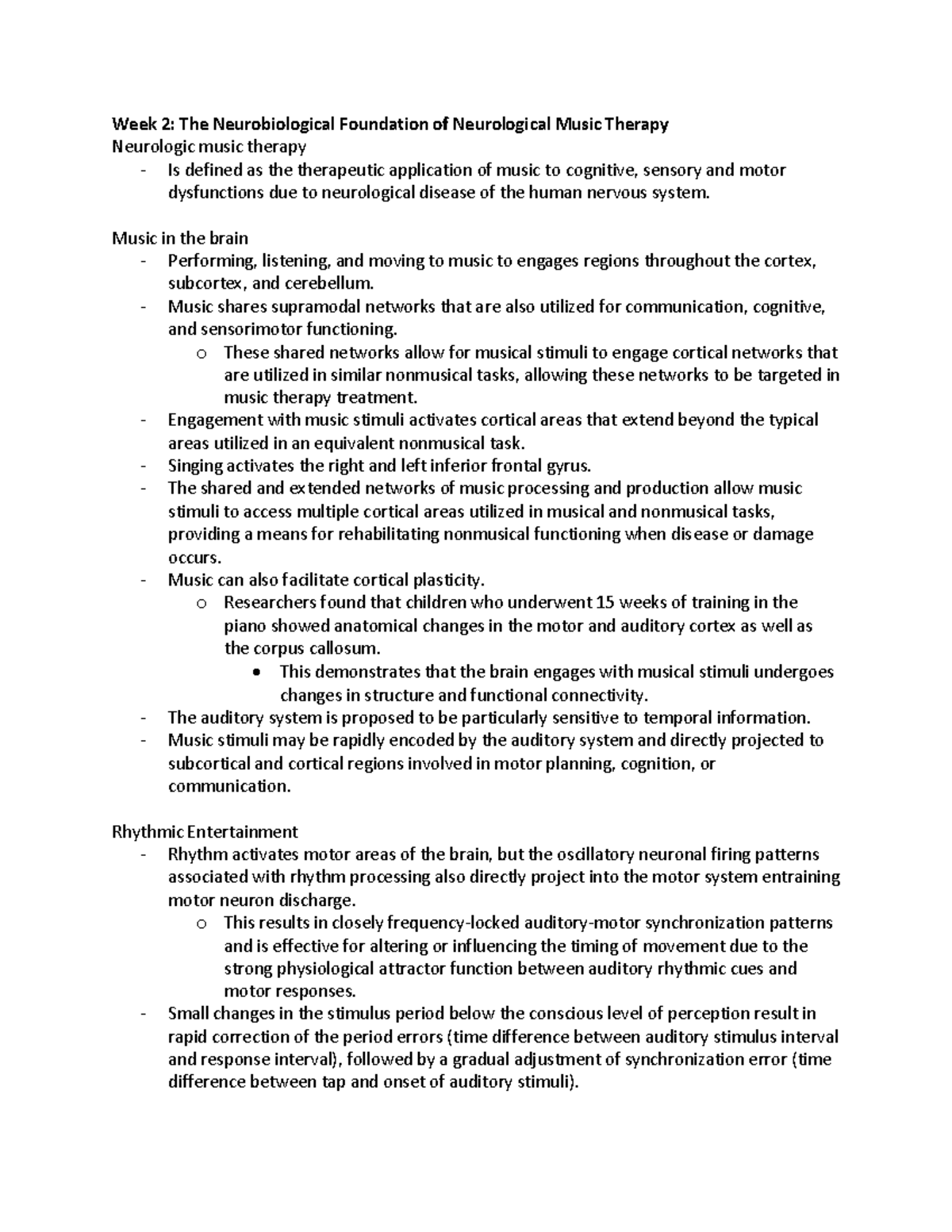 Music 2MU3 Textbook Notes - Week 2: The Neurobiological Foundation of ...