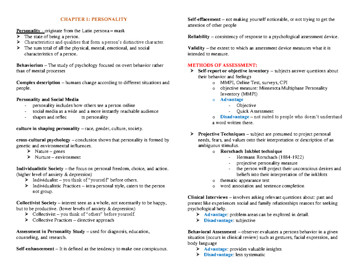 Theories of Personality Reviewer - CHAPTER 1: PERSONALITY Personality ...