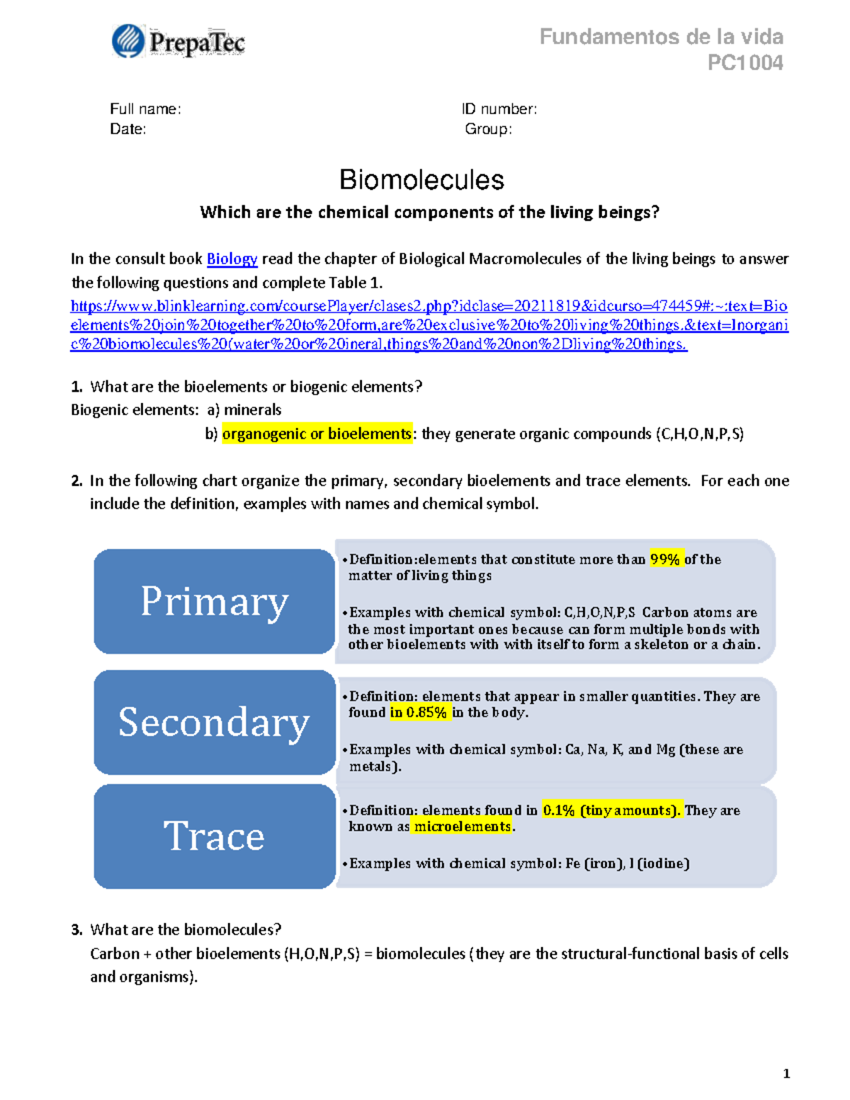 Semana 3 Act biomolecules (key) PC Full name ID number Date Group