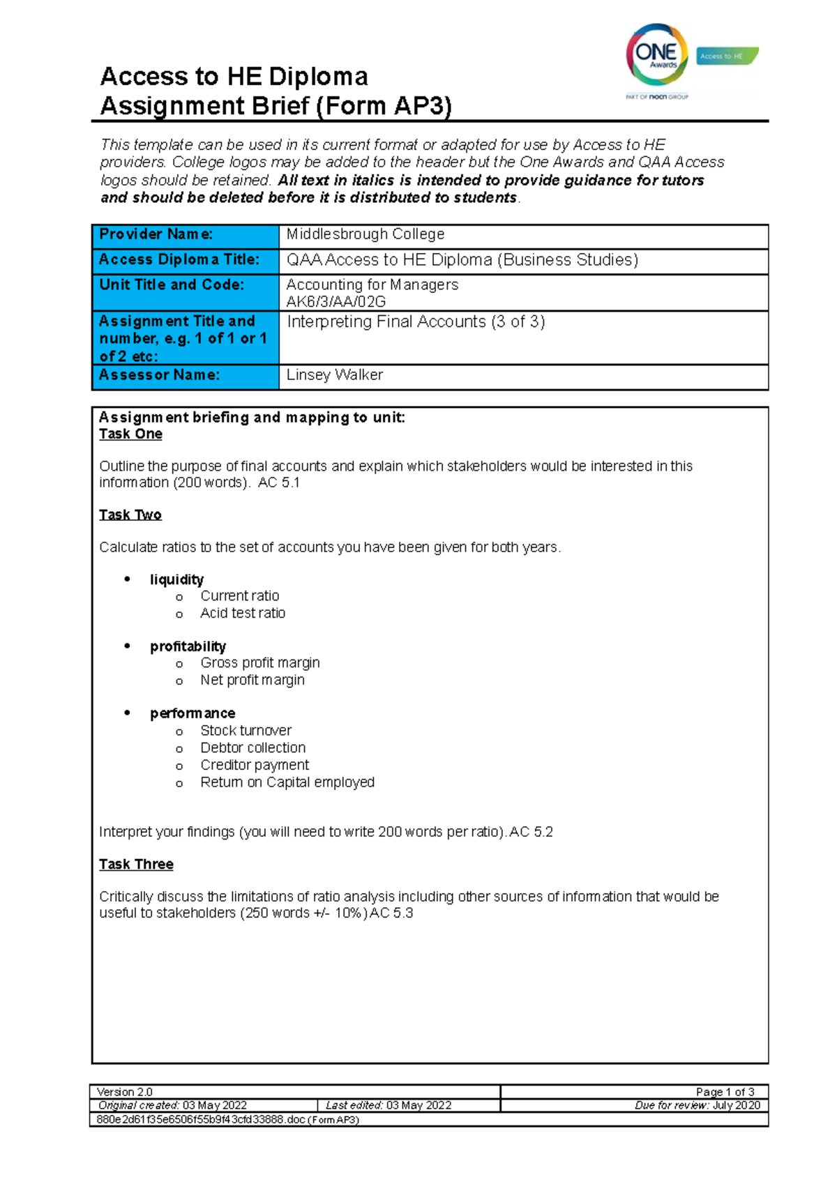 3 assignment Brief Accounting for Managers (003) - Access to HE Diploma ...