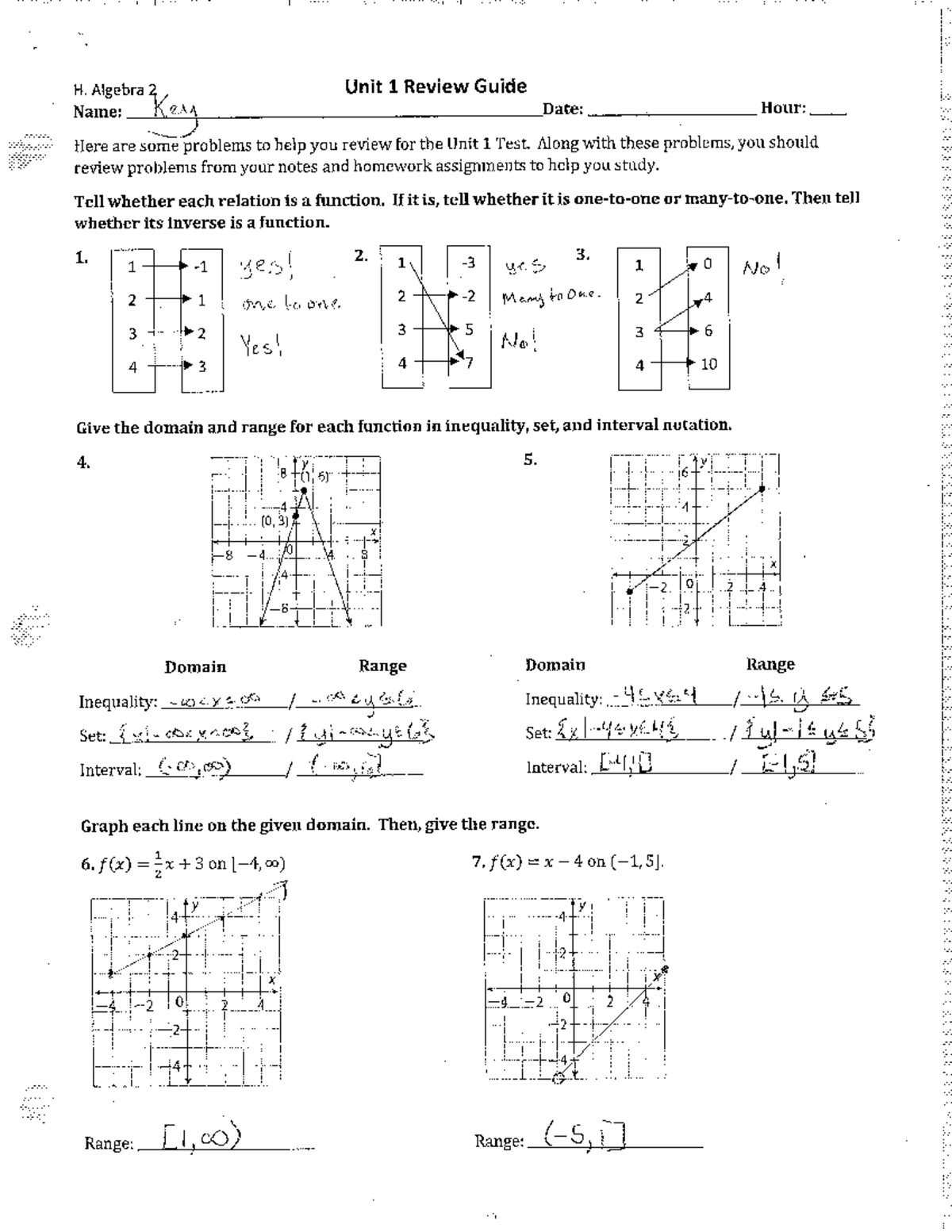 Unit 1 Review KEY - Yay - H. Algebra 2 Unit 1 Review Guide Name: Key ...