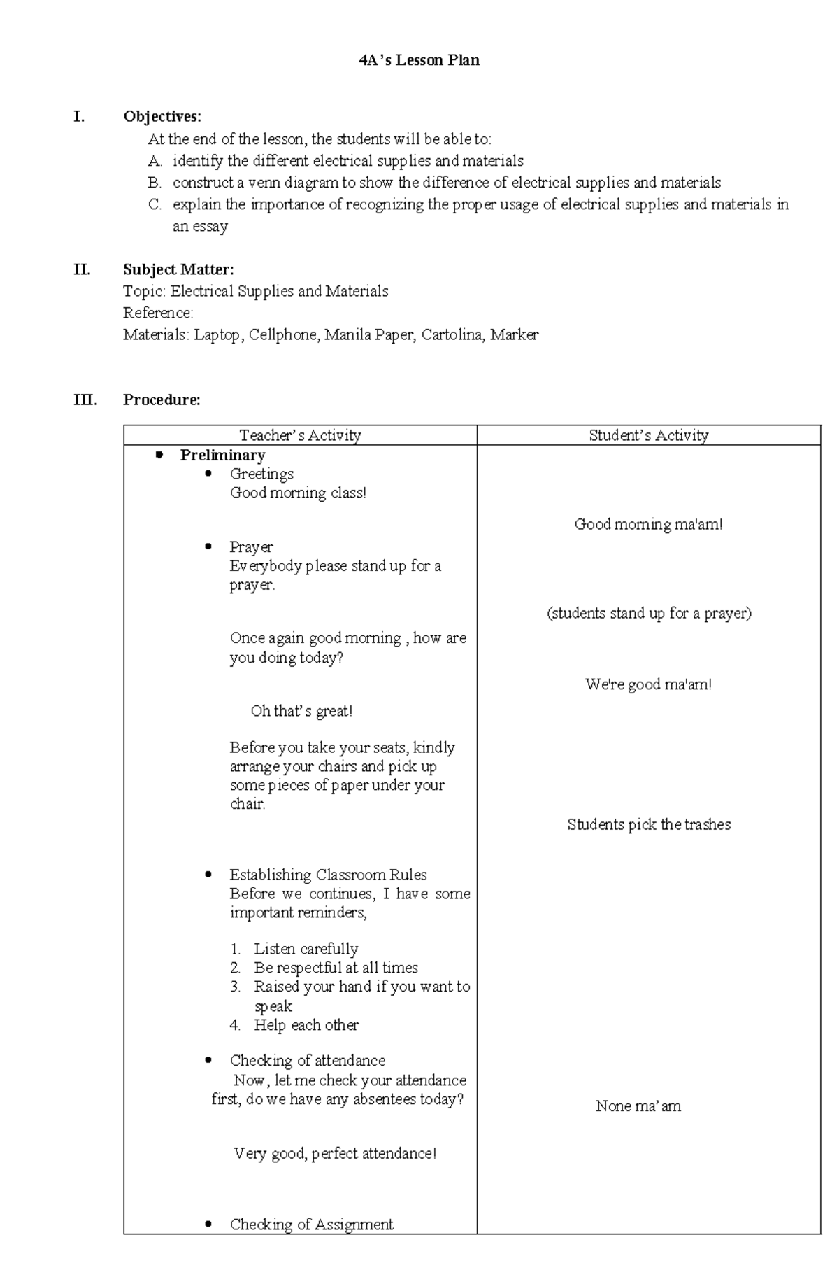 Lesson-Planfinals - 4A’s Lesson Plan I. Objectives: At the end of the ...