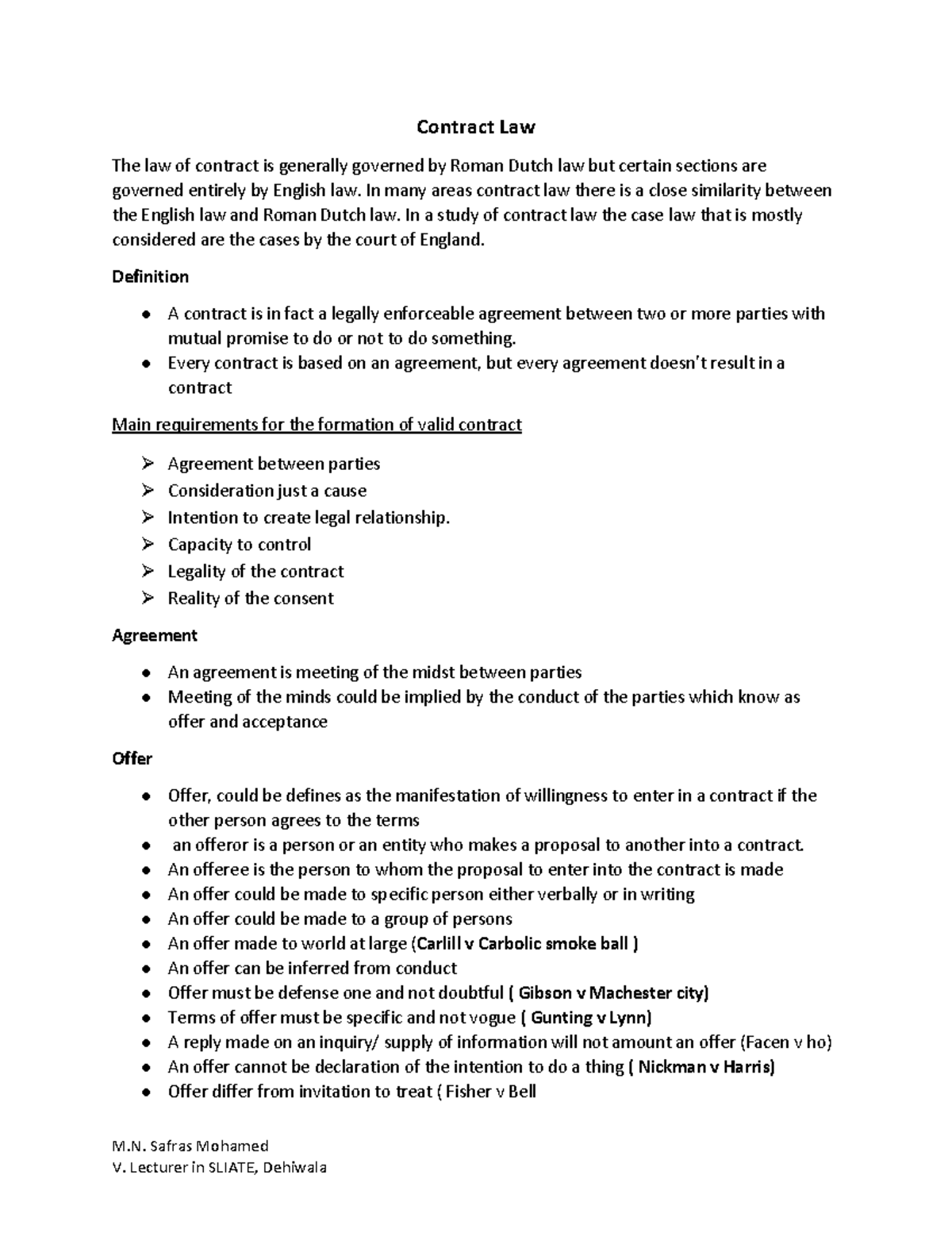 Contract Law - Business law - M. Safras Mohamed Contract Law The law of ...