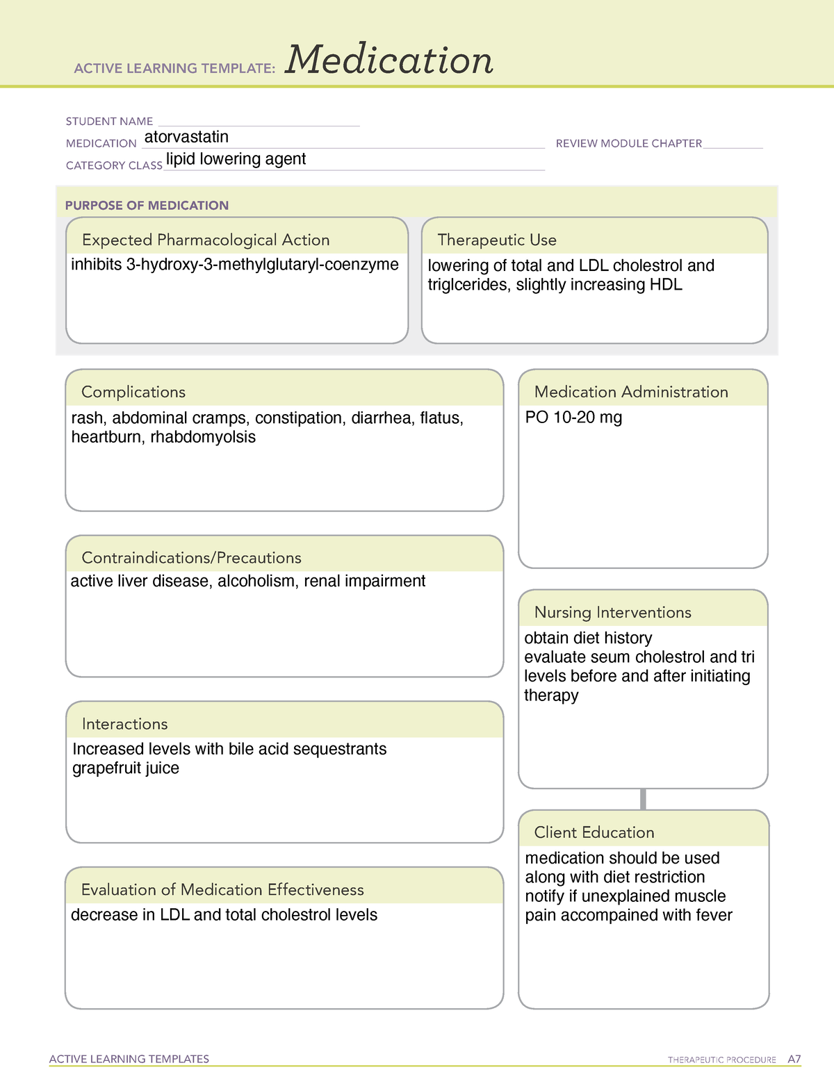 Atorvastatin medication template ACTIVE LEARNING TEMPLATES