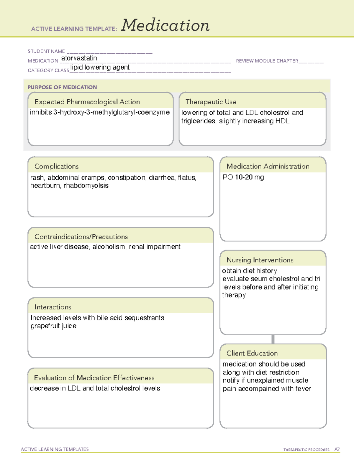 Atorvastatin Medication Template ACTIVE LEARNING TEMPLATES 