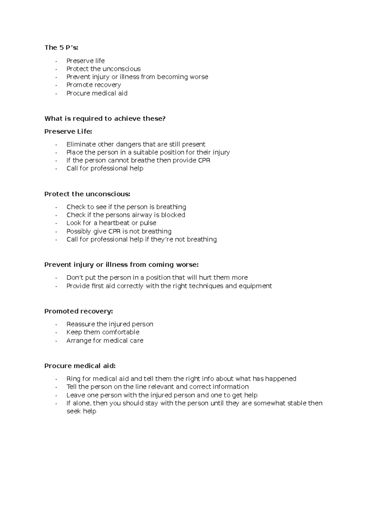 First aid unit topic work The 5 P’s Preserve life Protect the