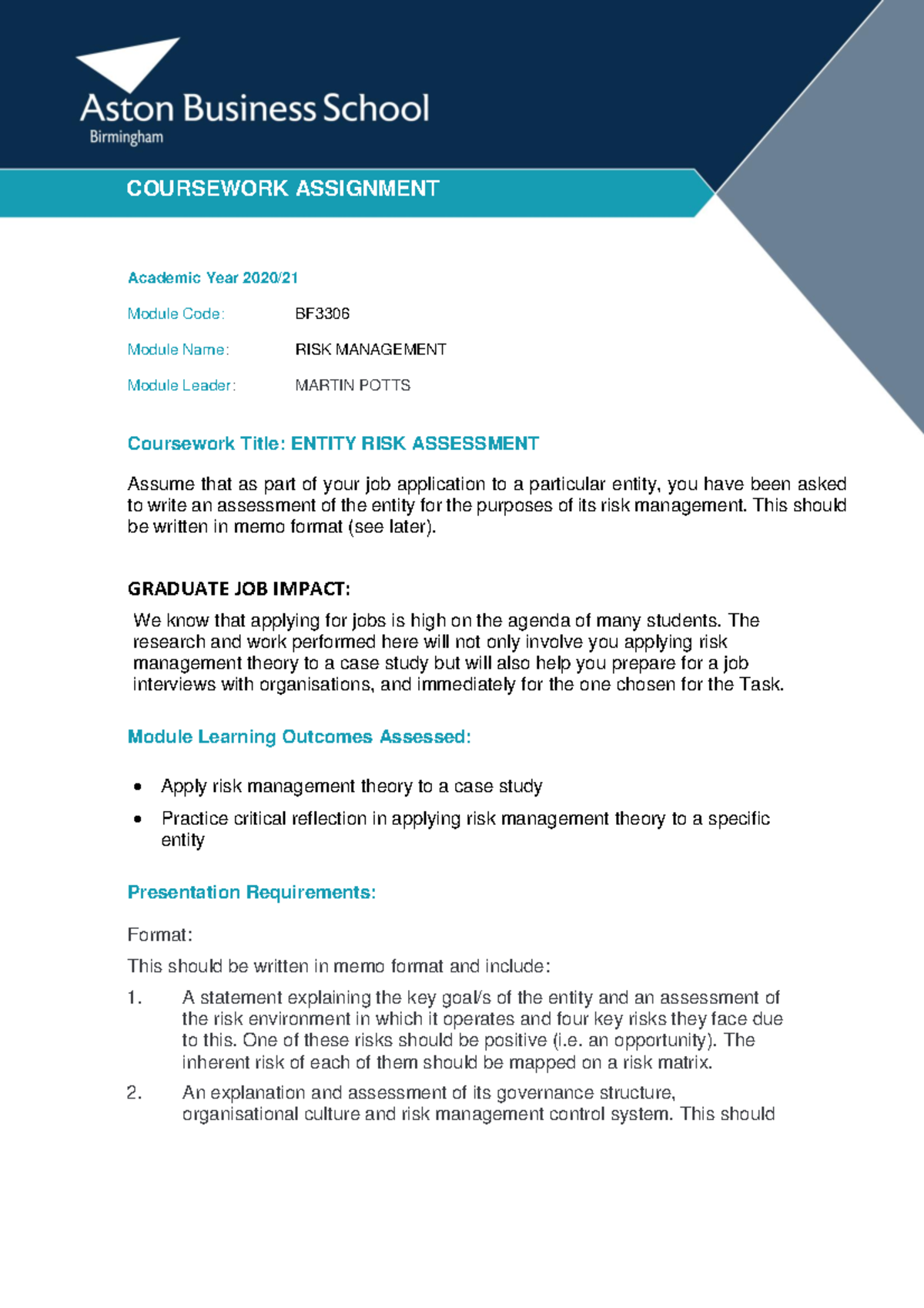 BF3306 Coursework 2020 Final Version subject to External Examiner ...