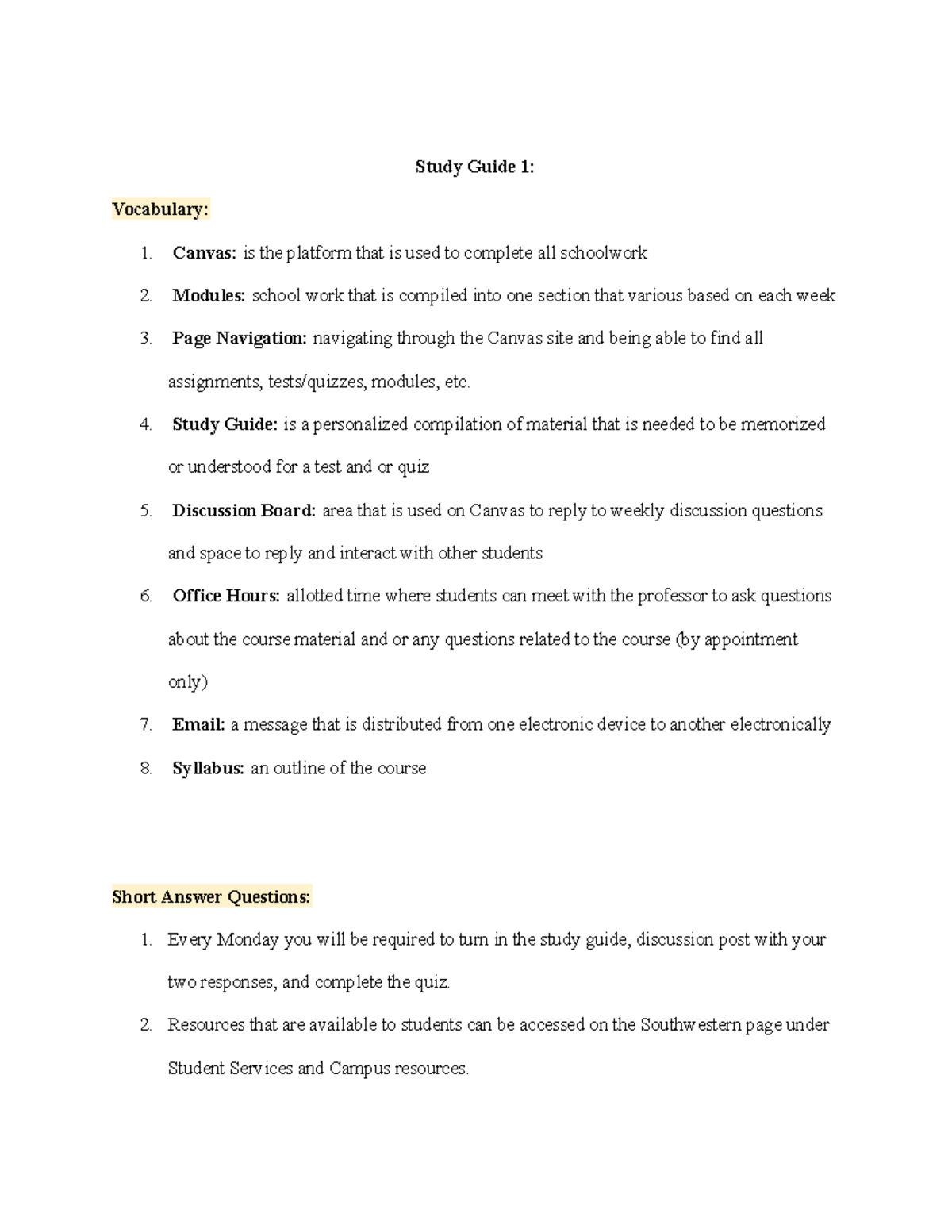 AJ 156 Study Guide 1 Brammell Study Guide 1 Vocabulary Canvas is
