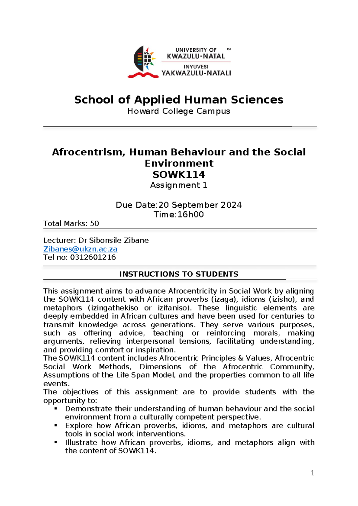 SOWK114 Assignment - School of Applied Human Sciences Howard College ...