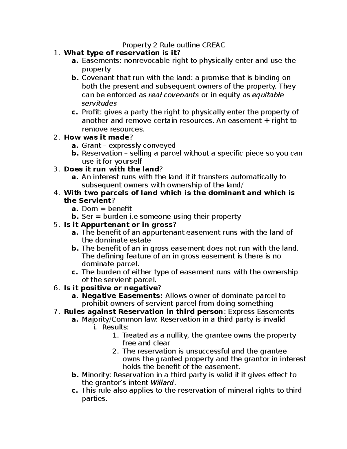 Property 2 Outline Property 2 Rule outline CREAC What type of reservation is it? a. Easements