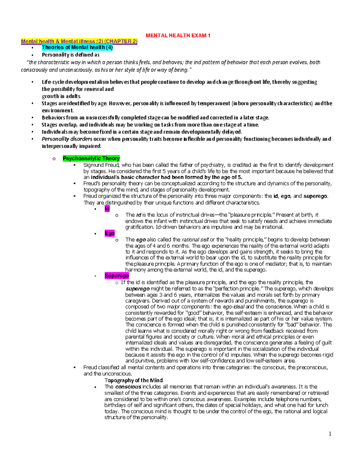 Mental Health EXAM 1. (1=24) - MENTAL HEALTH EXAM 1 Mental health ...