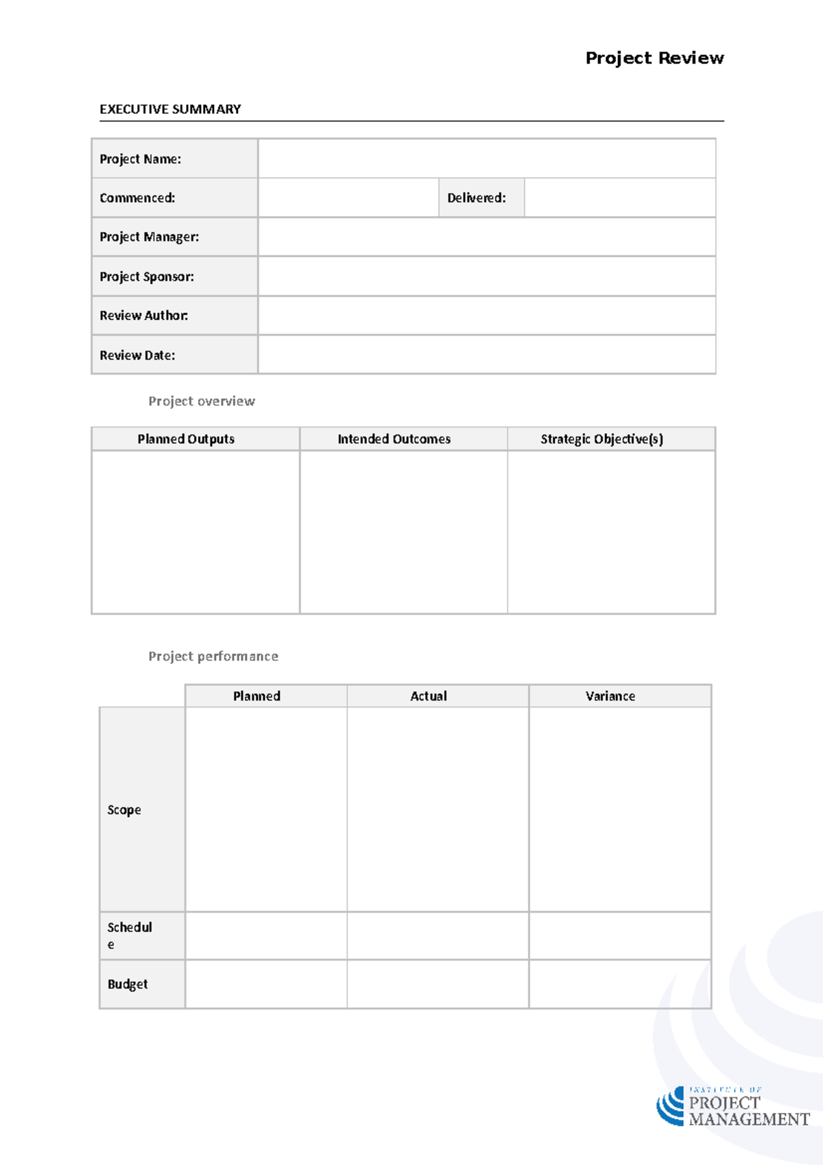 Project Review template - EXECUTIVE SUMMARY Project Name: Commenced ...