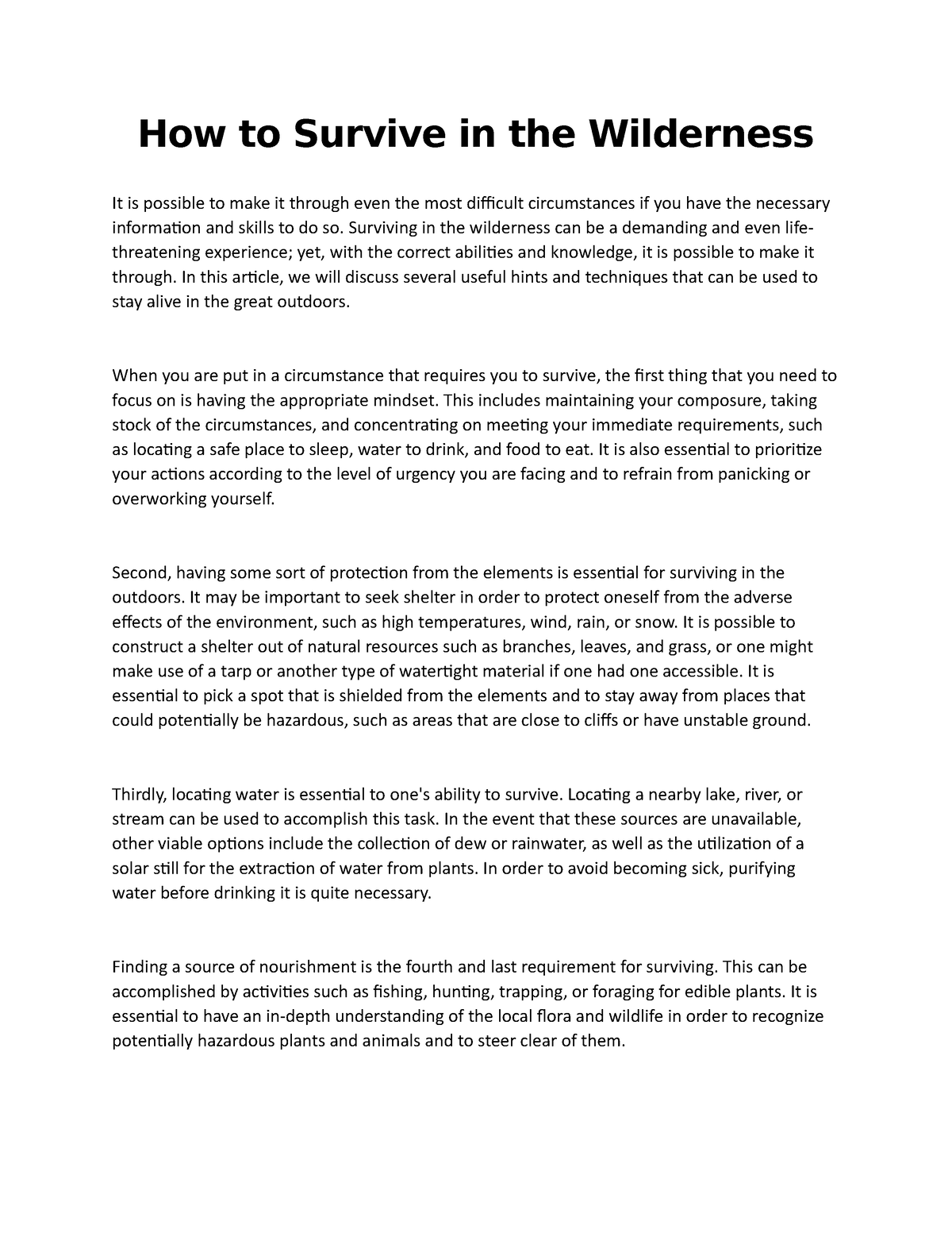 essay on survival in the wilderness