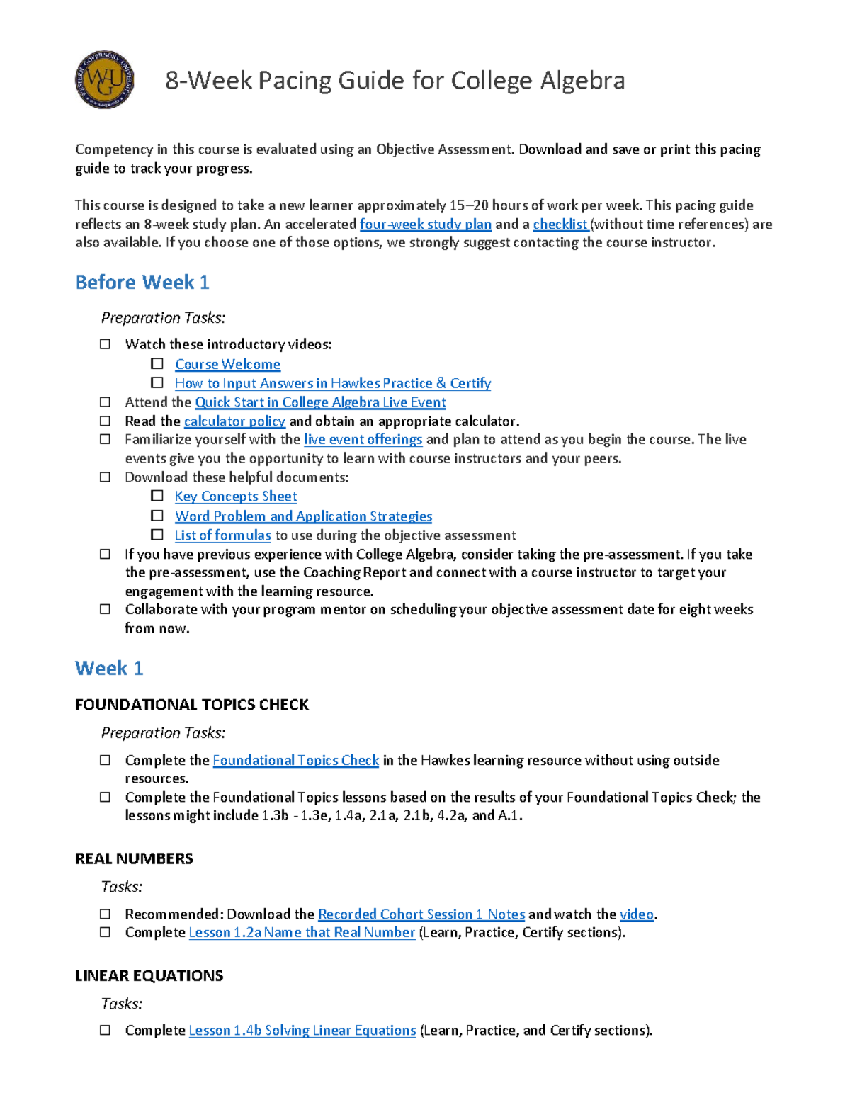 C278v3 Pacing Guide 8-WK - May 2018 - Competency in this course is ...