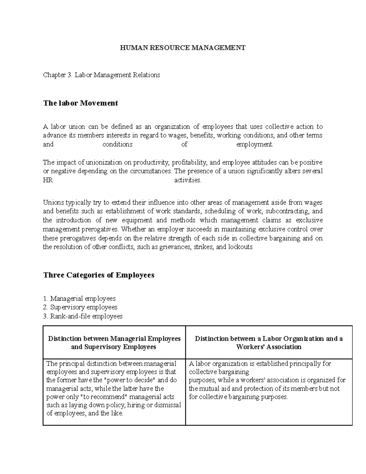 Labor Management Relations Part 1 - HUMAN RESOURCE MANAGEMENT Chapter 3 ...