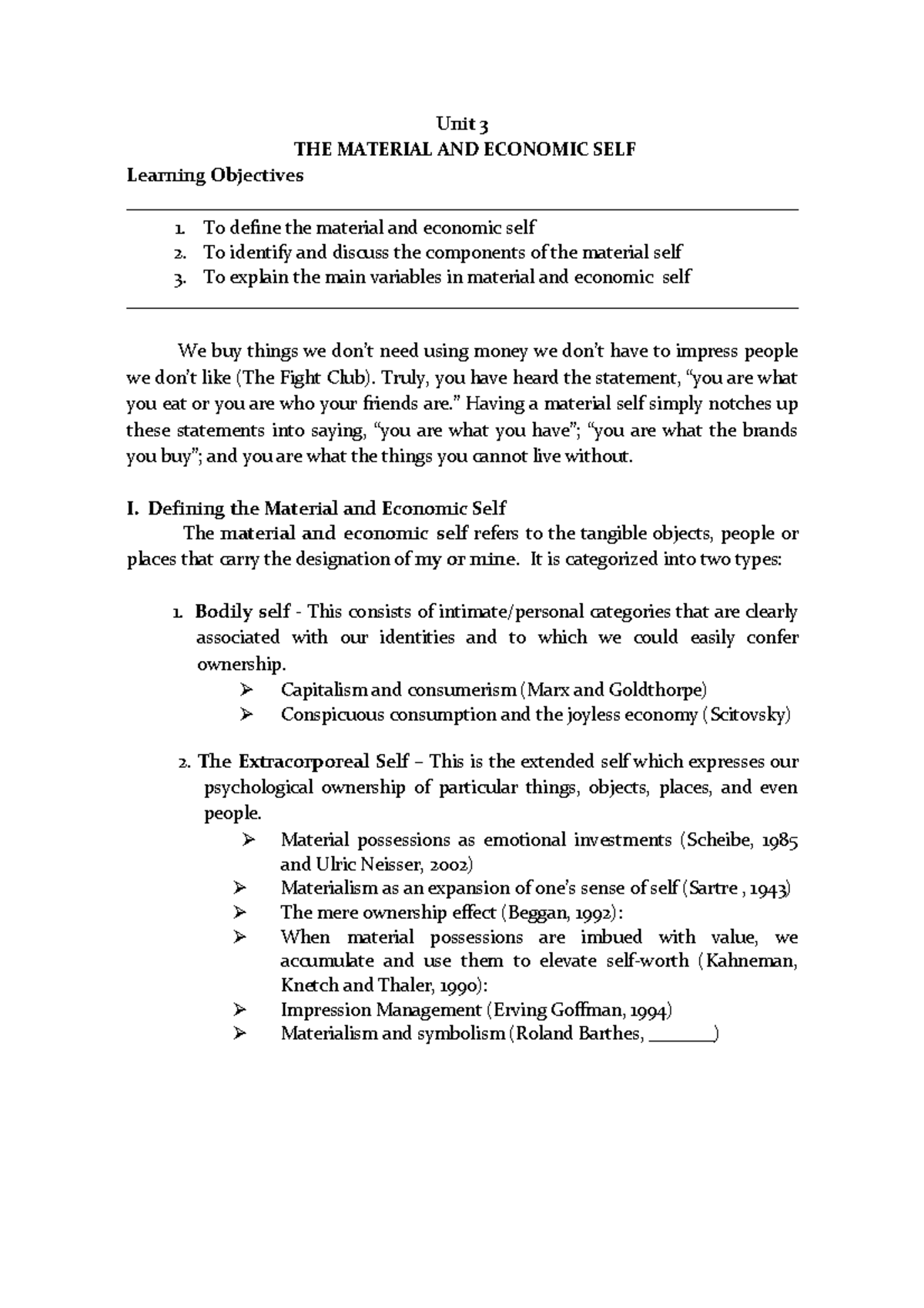 Chapter 2. Unit 3. Material and Economic Self Unit 3 THE MATERIAL AND
