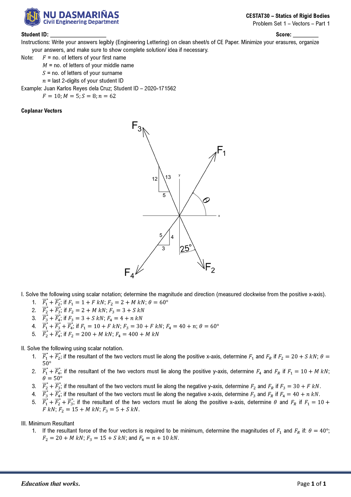 Cestat 30 02.01.Vectors.Problem Set 1 - CESTAT30 – Statics of Rigid ...