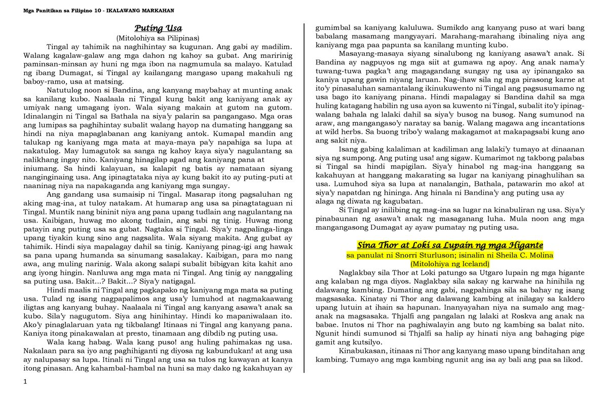 Mga Panitikan Sa 2M - Puting Usa (Mitolohiya Sa Pilipinas) Tingal Ay ...