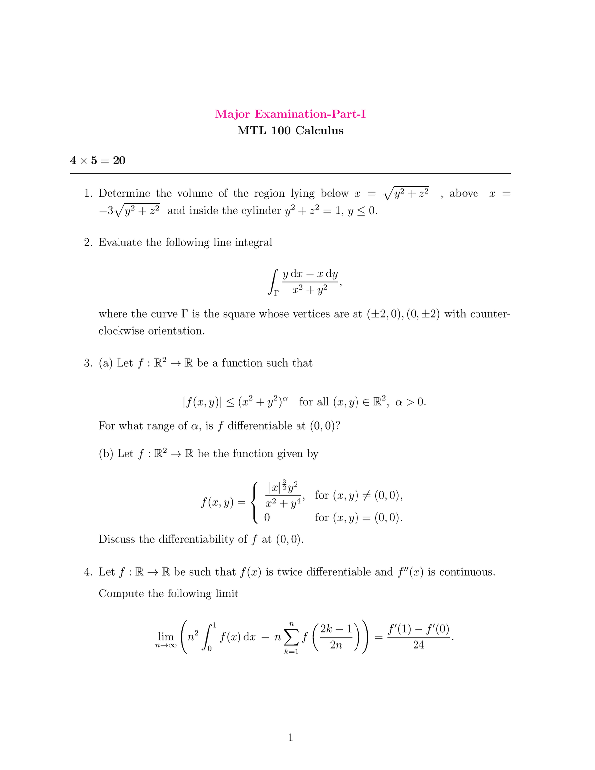 Part-I - Notes - Major Examination-Part-I MTL 100 Calculus 4 × 5 = 20 ...