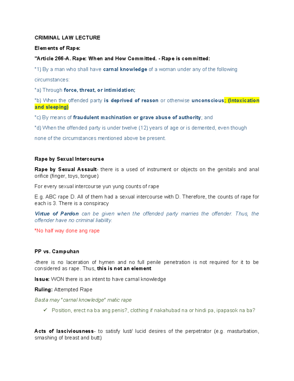Criminal LAW Lecture - mmmm - CRIMINAL LAW LECTURE Elements of Rape ...