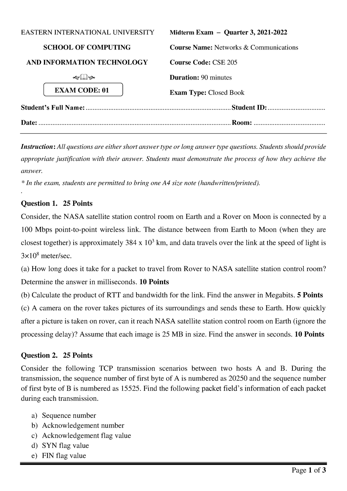 CSE 205 Midterm Exam-Question - Page 1 Of 3 EASTERN INTERNATIONAL ...