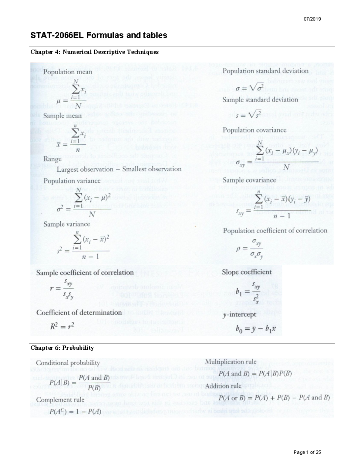 Statistical formula sheet for exam chapters 4 16 stat 2066el 