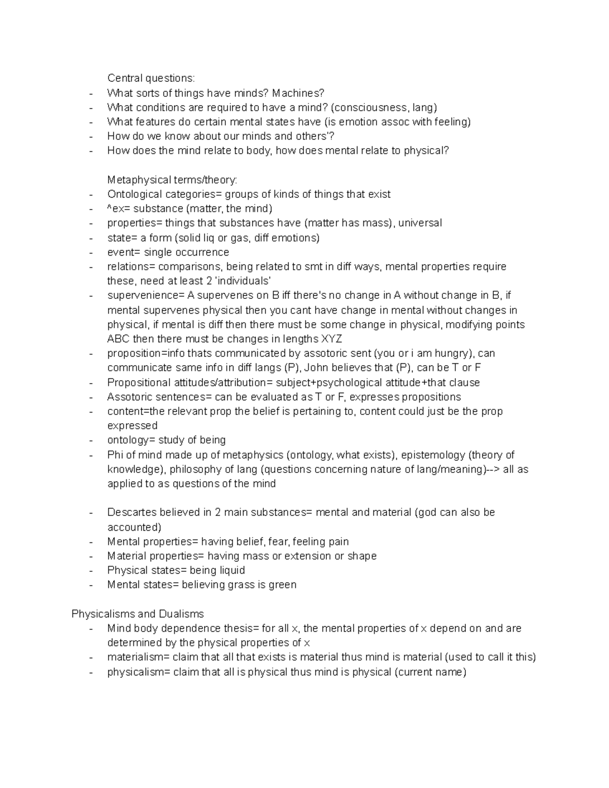 PHI 103 Week 1 - Substance Dualism - Central questions: What sorts of ...