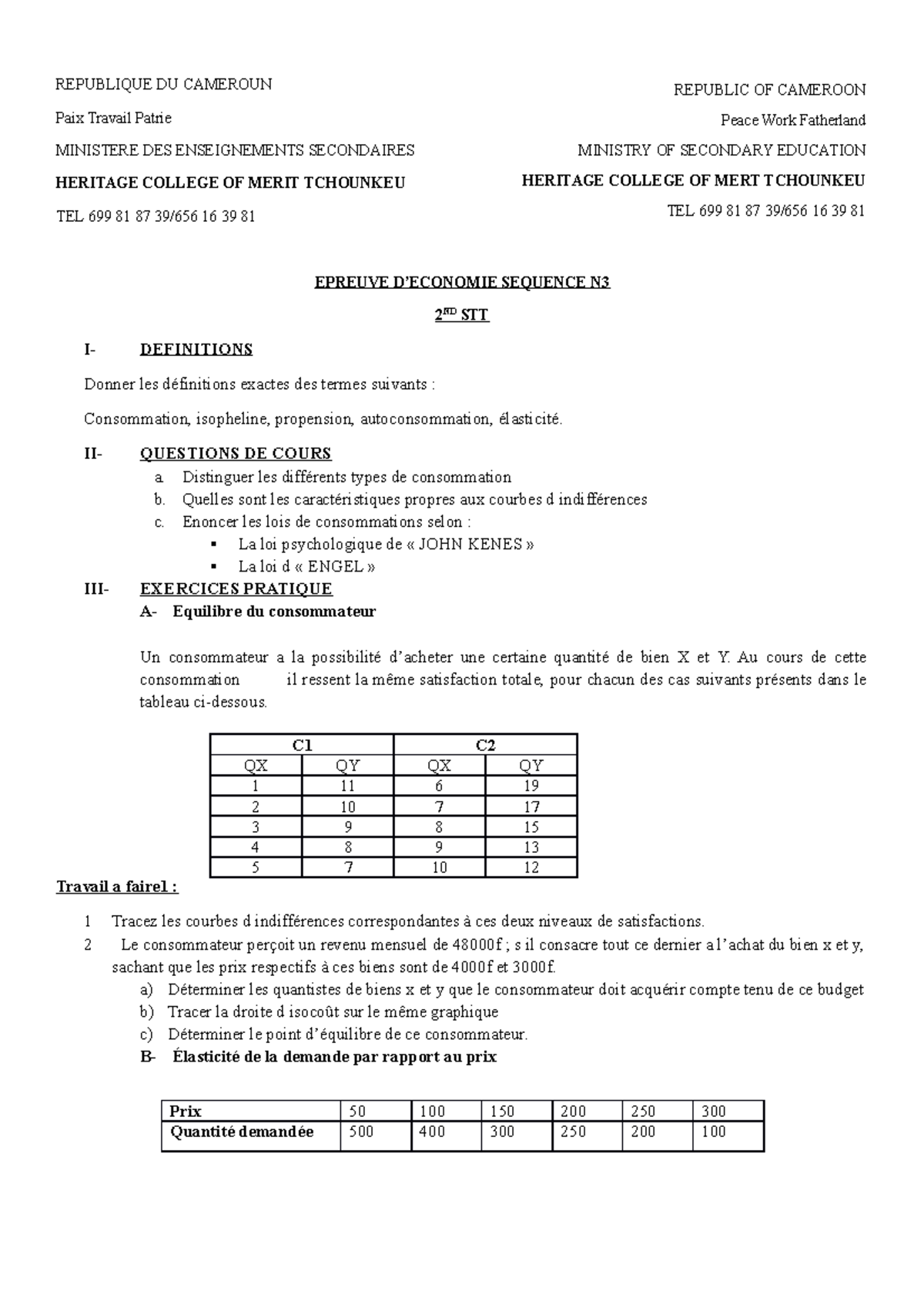 Crescence epreuves - REPUBLIQUE DU CAMEROUN Paix Travail Patrie ...