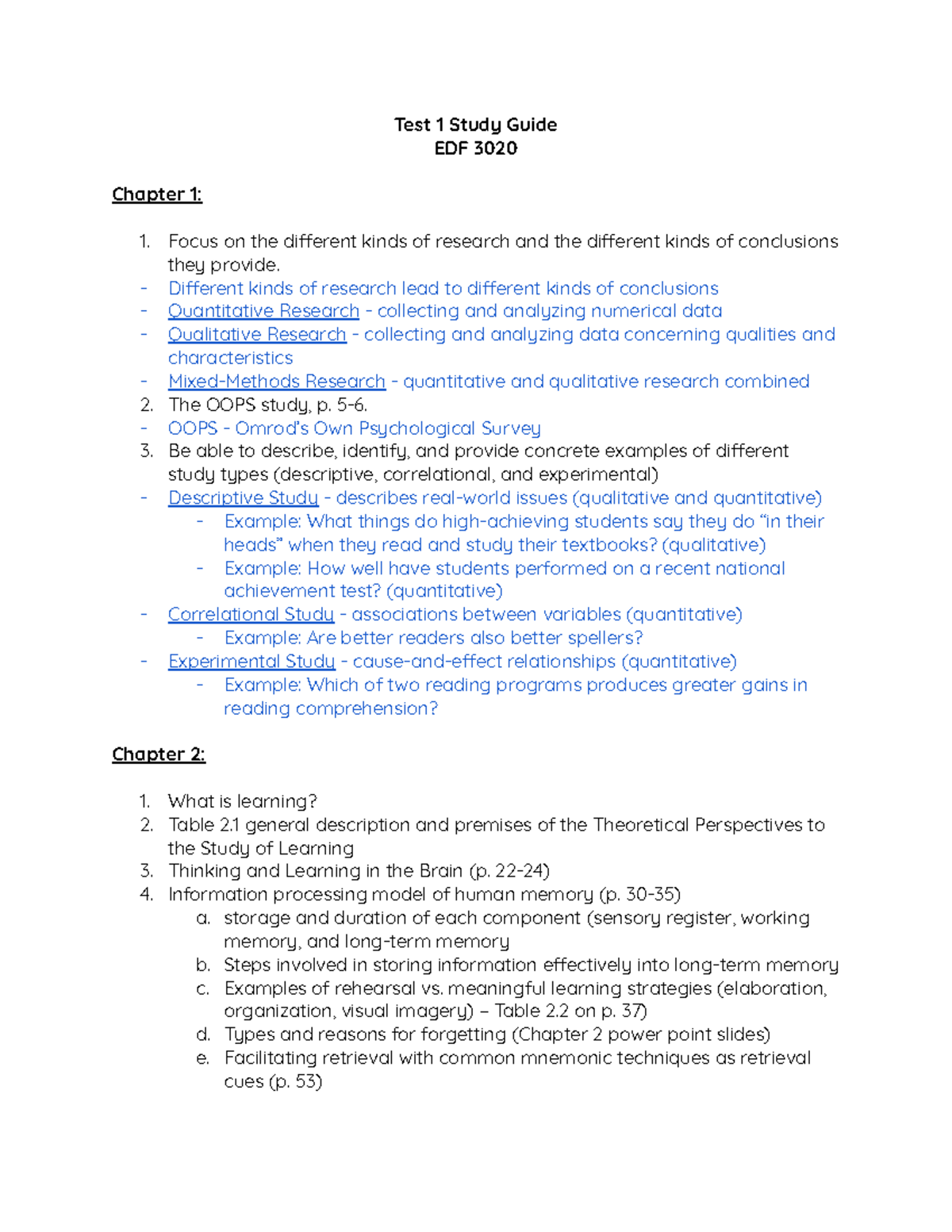 Exam 1 Study Guide - Test 1 Study Guide EDF 3020 Chapter 1: Focus On ...