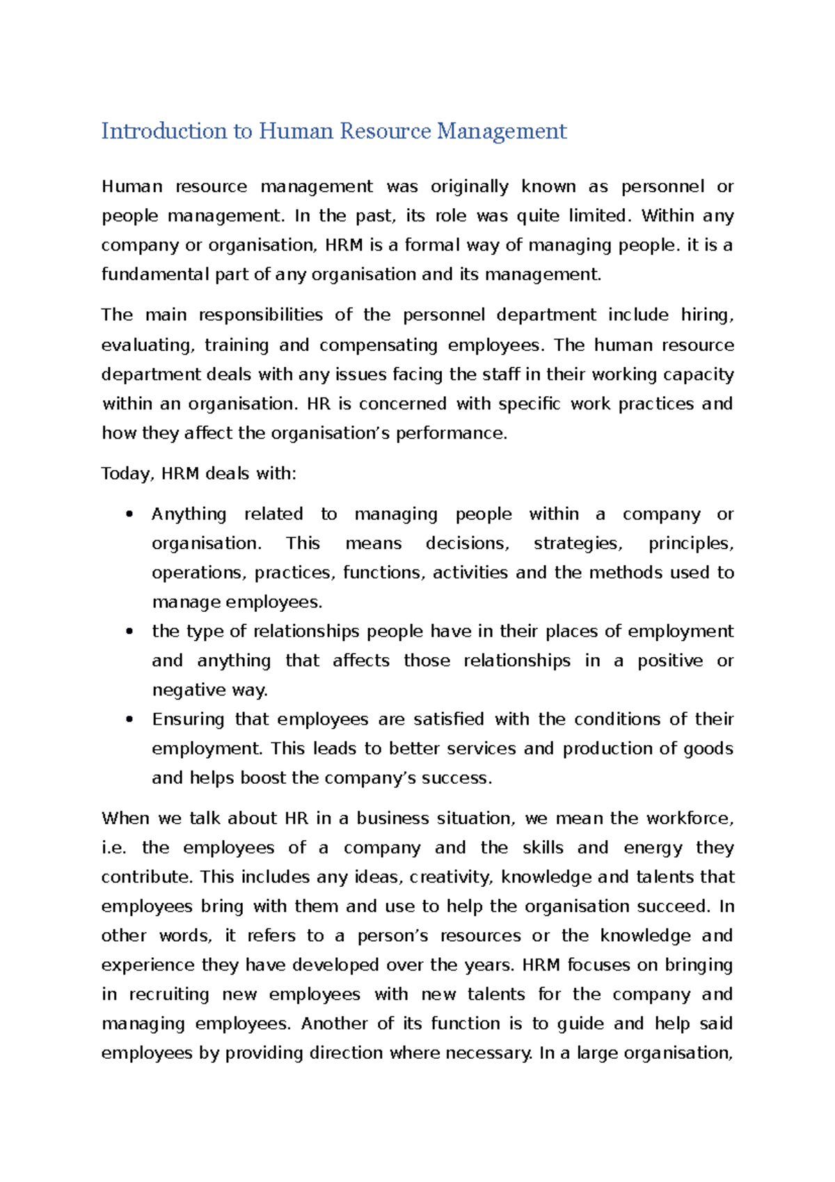 Human resource - 2 - notes - Introduction to Human Resource Management ...