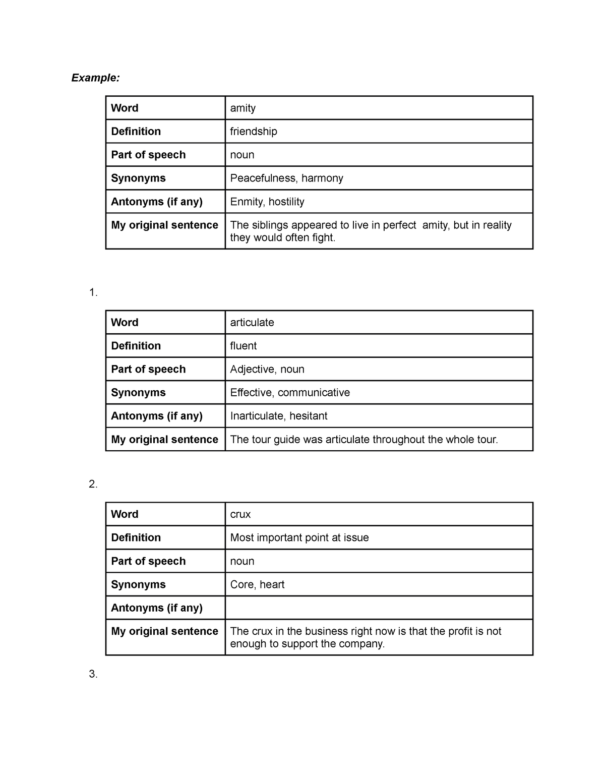 Vocabulary 1 For Chapter 1 Reading - Example: Word Amity Definition ...