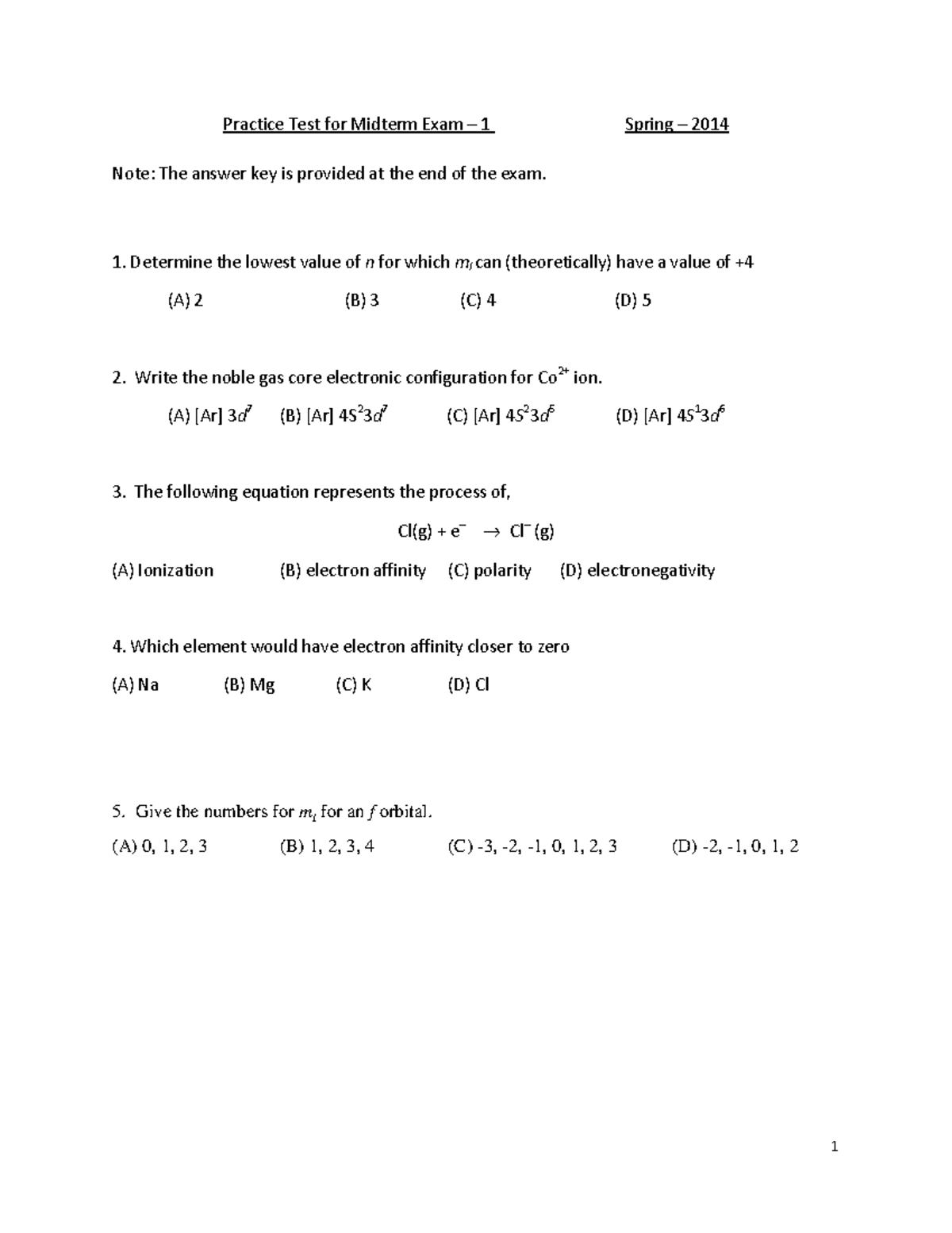 Practice Test Mid T-1 Chem-3001 - Practice Test for Midterm Exam 1 ...