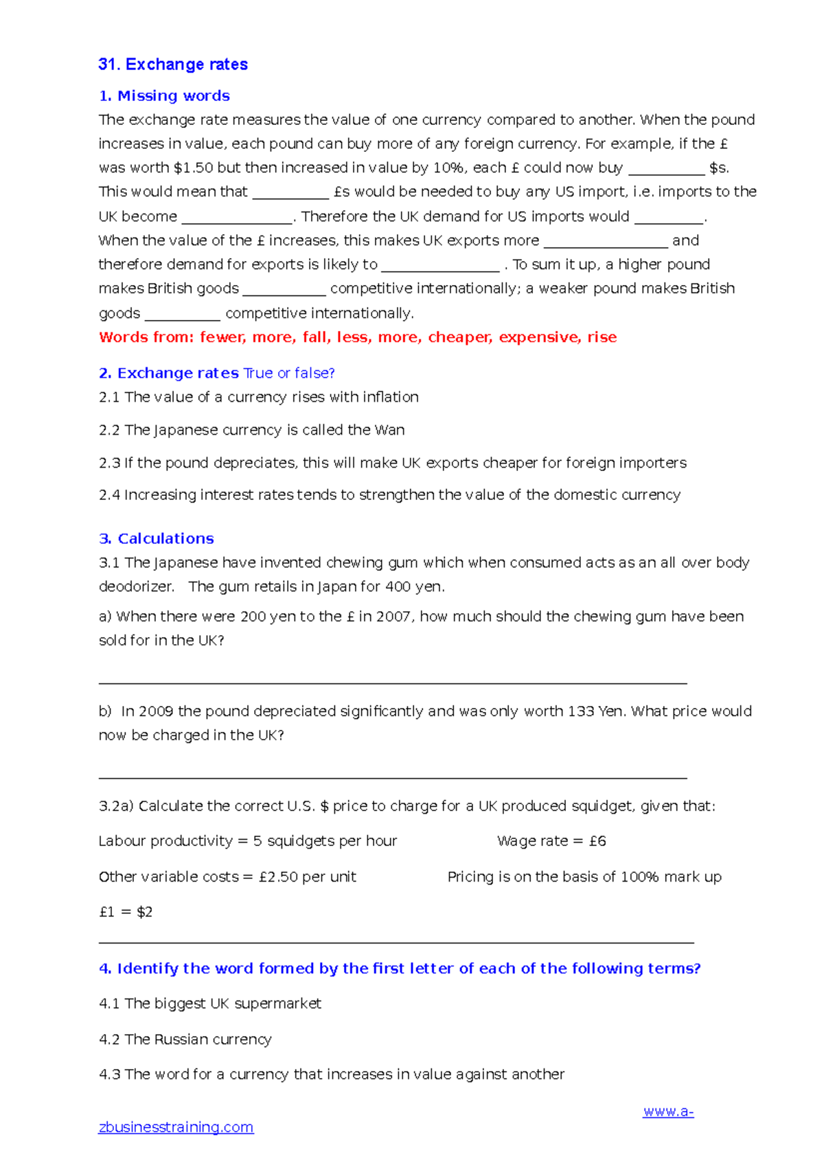 AQA 31 Exchange Rates - 31. Exchange rates 1. Missing words The ...