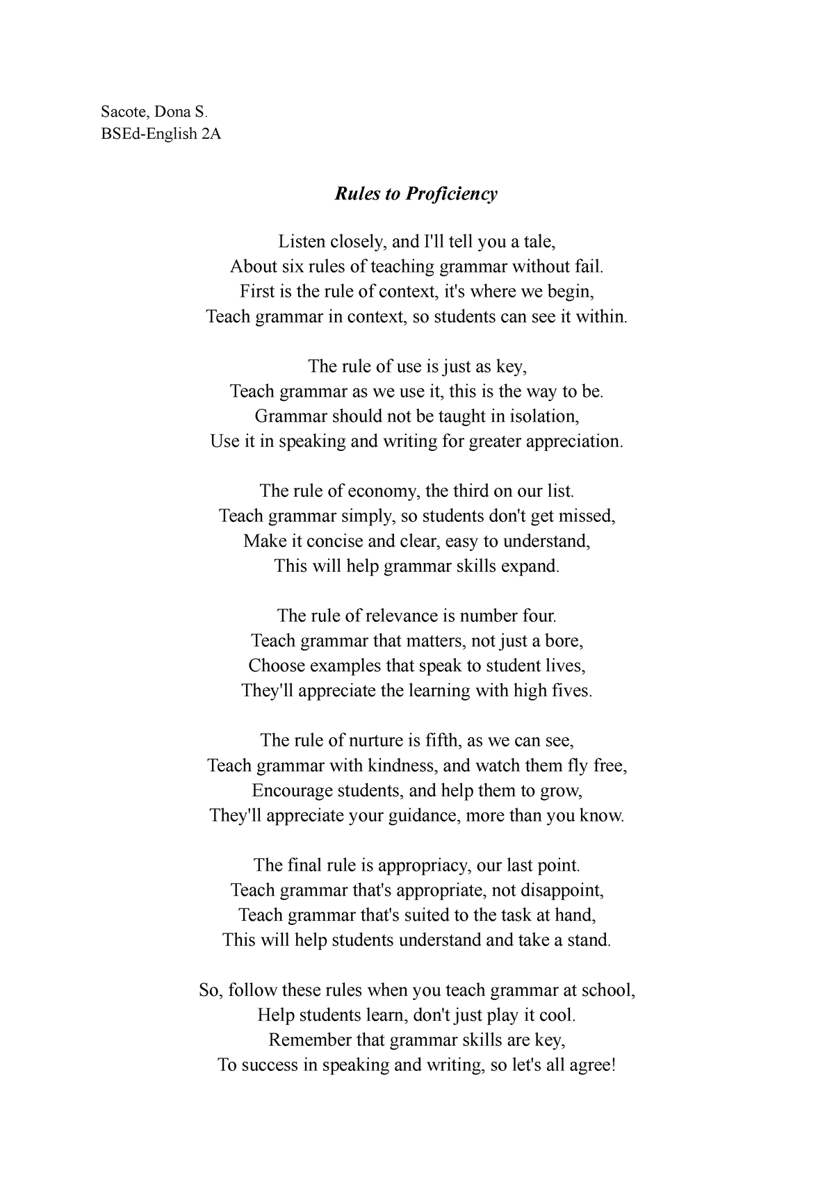 POEM Rules OF Grammar Teaching - Sacote, Dona S. BSEd-English 2A Rules ...