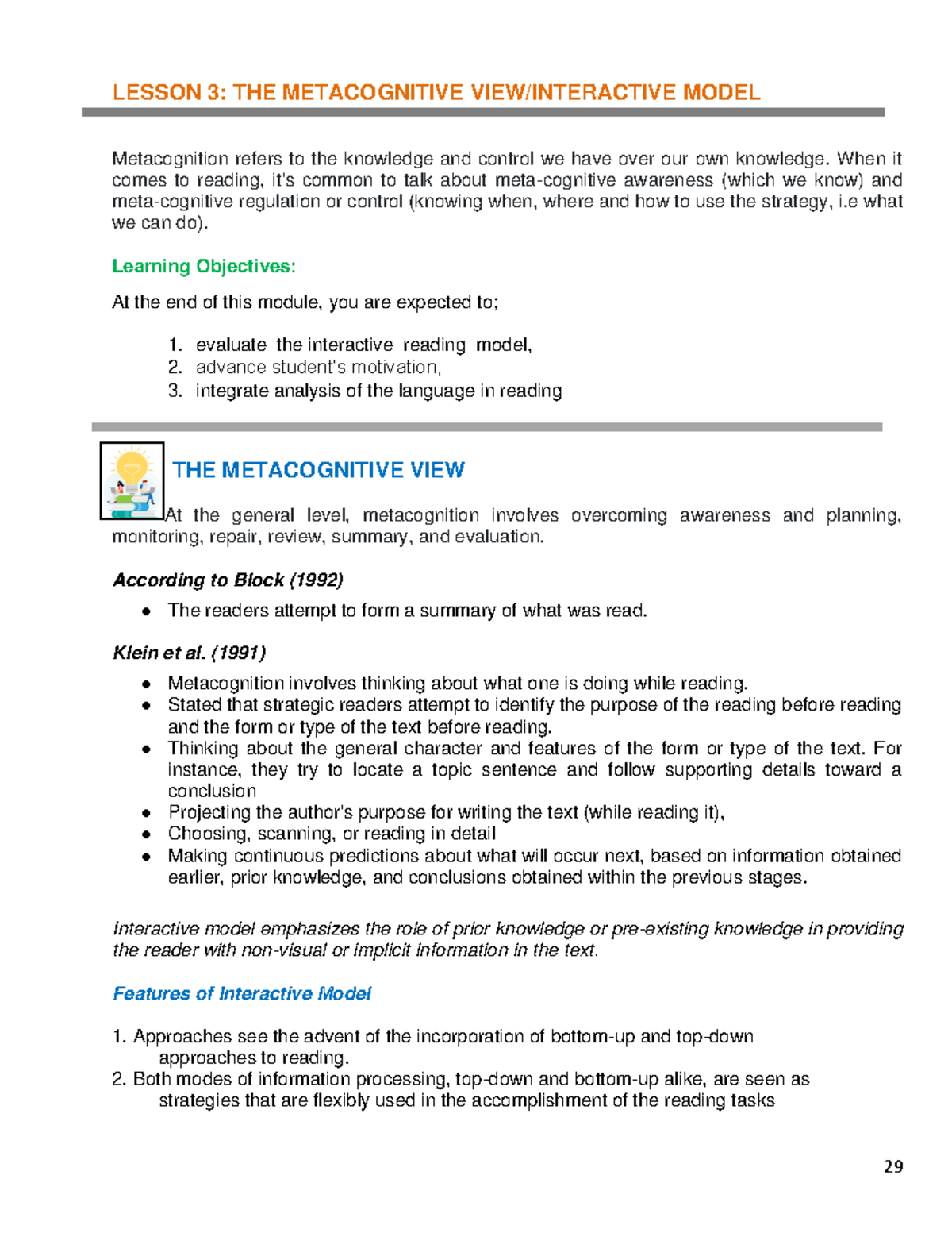 Developmental Reading- Interactive Reading Model - 29 LESSON 3: THE ...