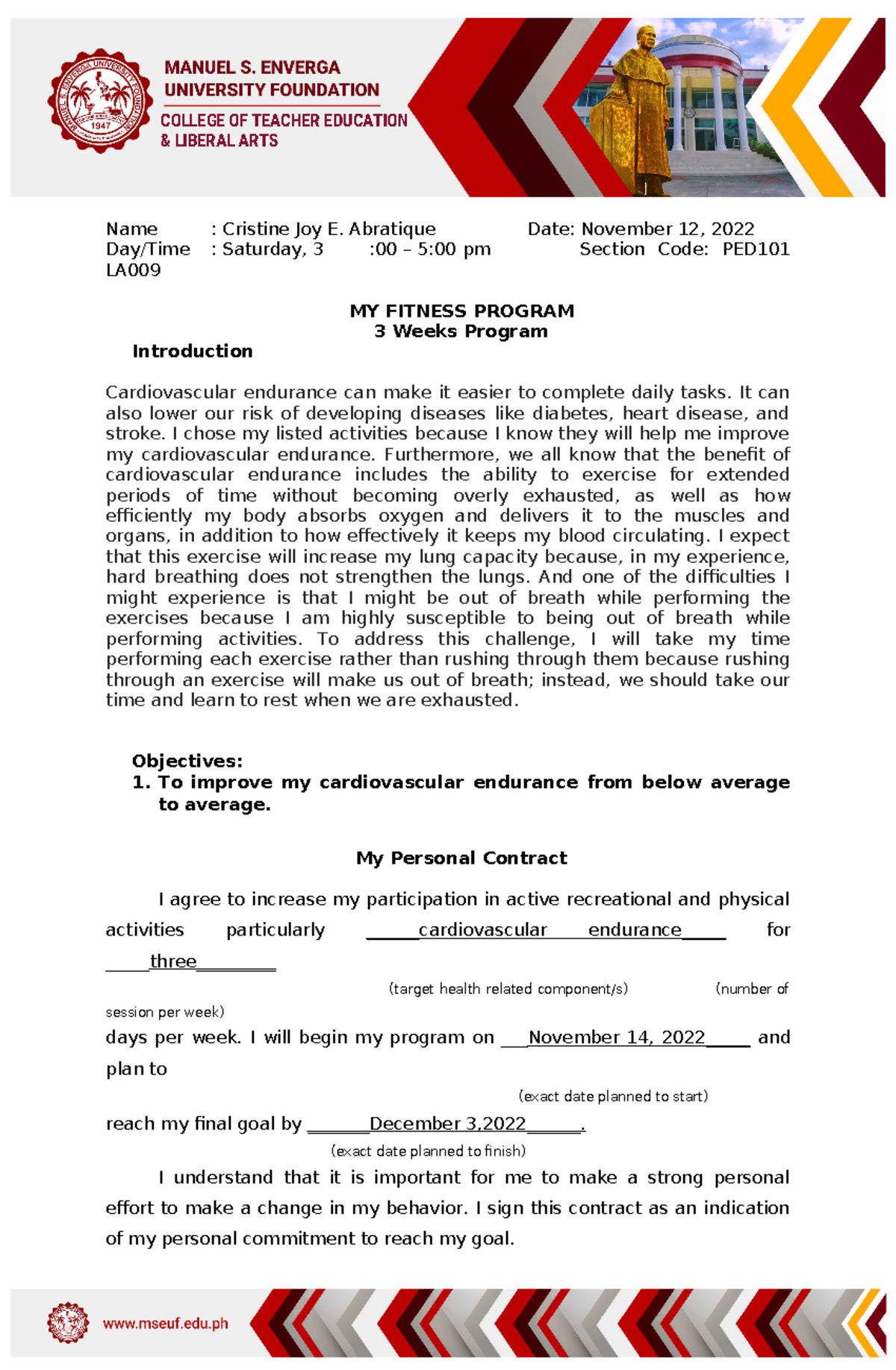 Exercise Program Template - & LIBERAL ARTS Name : Cristine Joy E ...