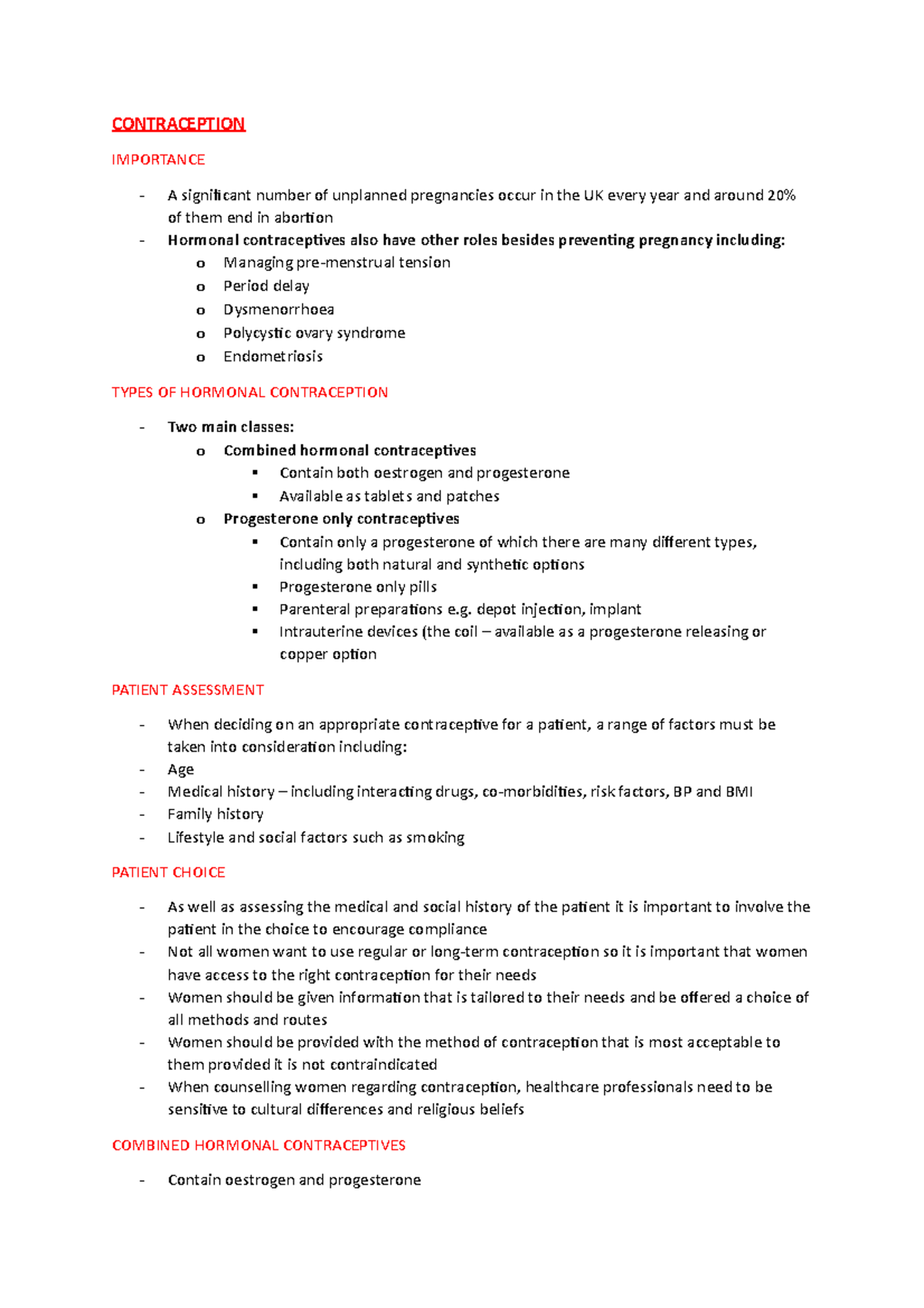 Contraception - Lecture notes 1 - CONTRACEPTION IMPORTANCE A signiicant ...