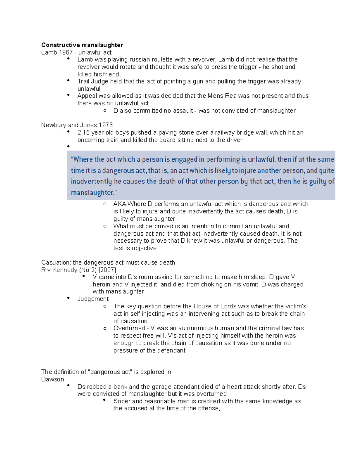 Cases for Involtunary Manslaughter Constructive manslaughter Lamb