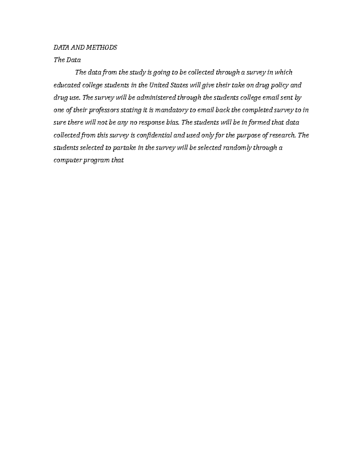 DATA AND Methods - Grade: A+ - DATA AND METHODS The Data The data from ...