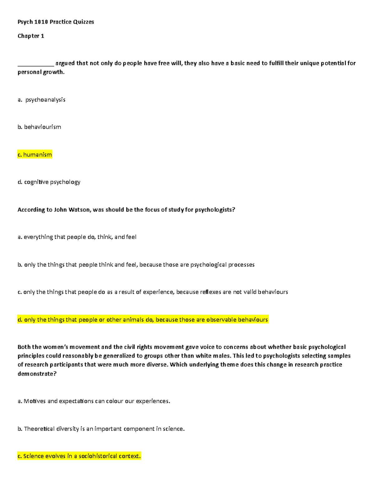 Psych 1010 quizzes - Psych 1010 Practice Quizzes Chapter 1 ...